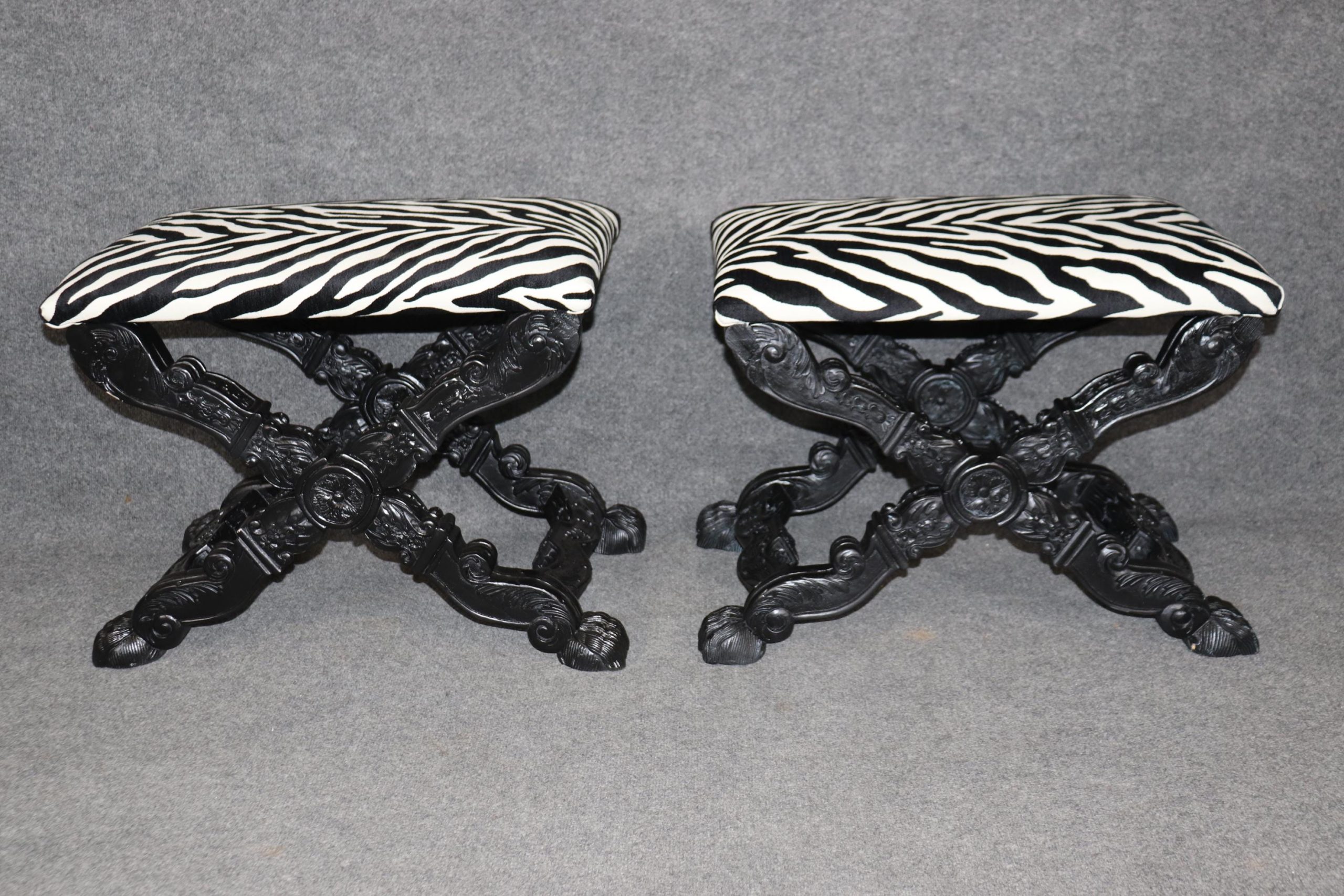Victorian Ebonized X Benches: Zebra Print Upholstery, Pair - Image 2