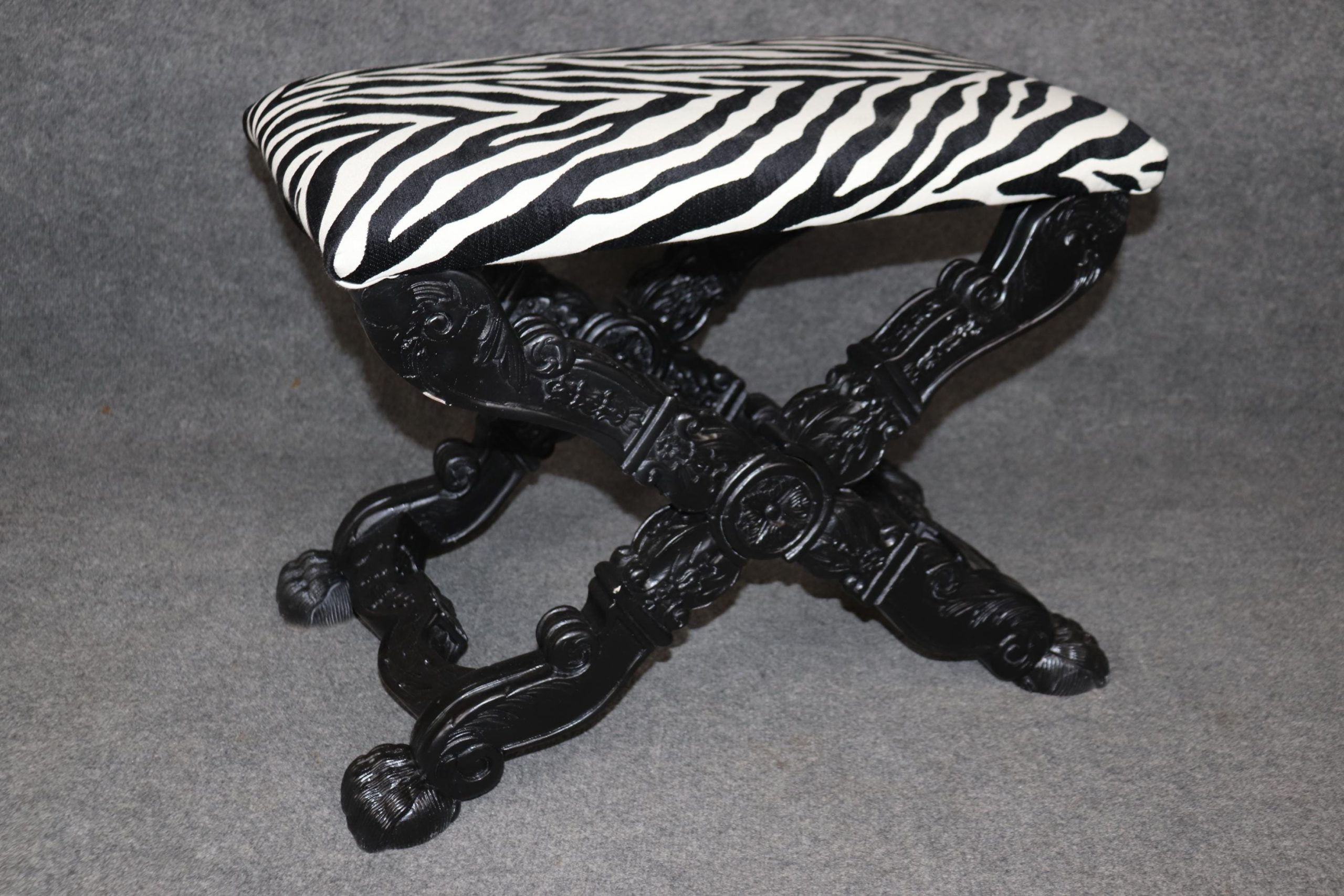 Victorian Ebonized X Benches: Zebra Print Upholstery, Pair - Image 5
