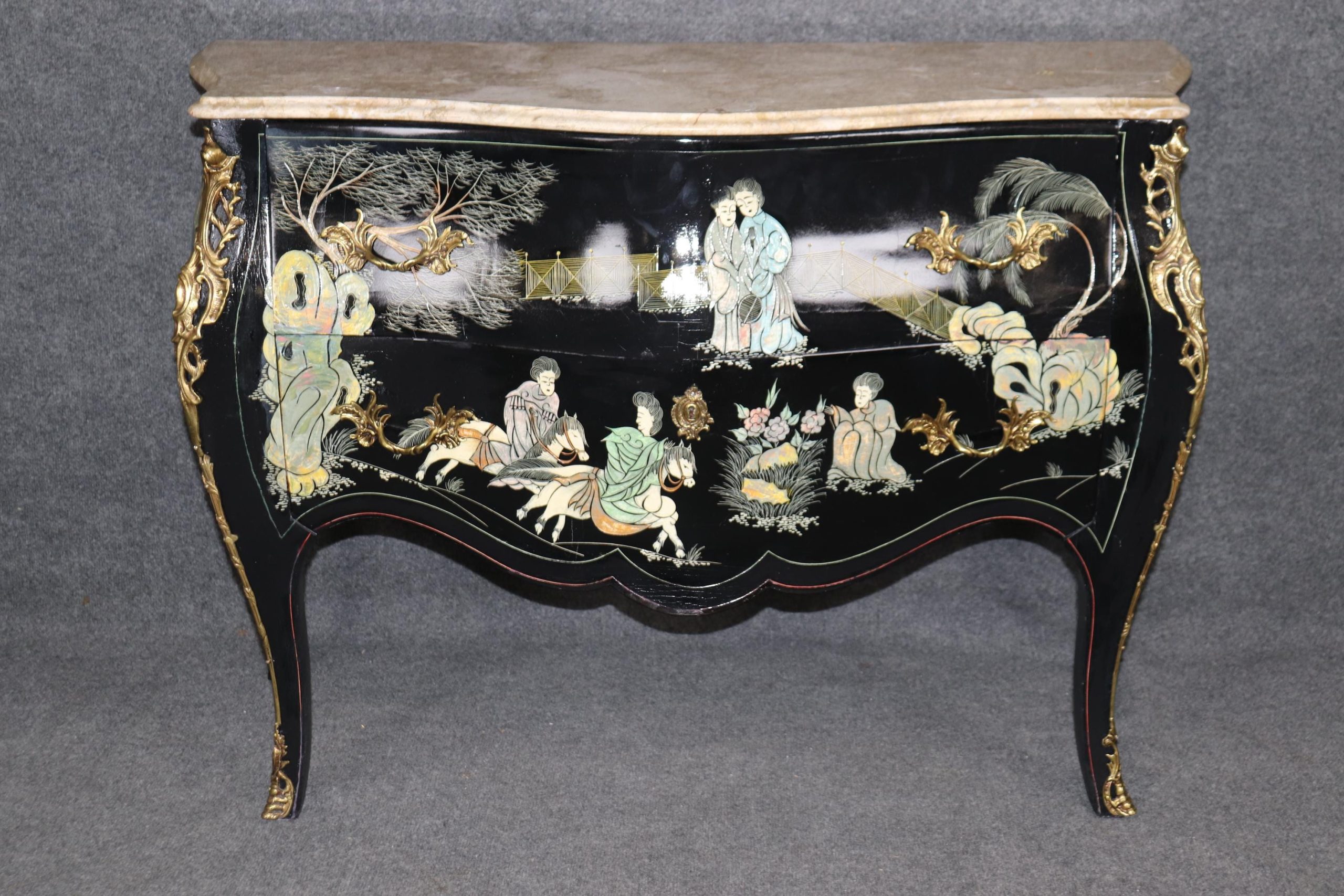 Vintage Louis XV Chinoiserie Commode: Ebonized Marble Top Dresser - Image 2