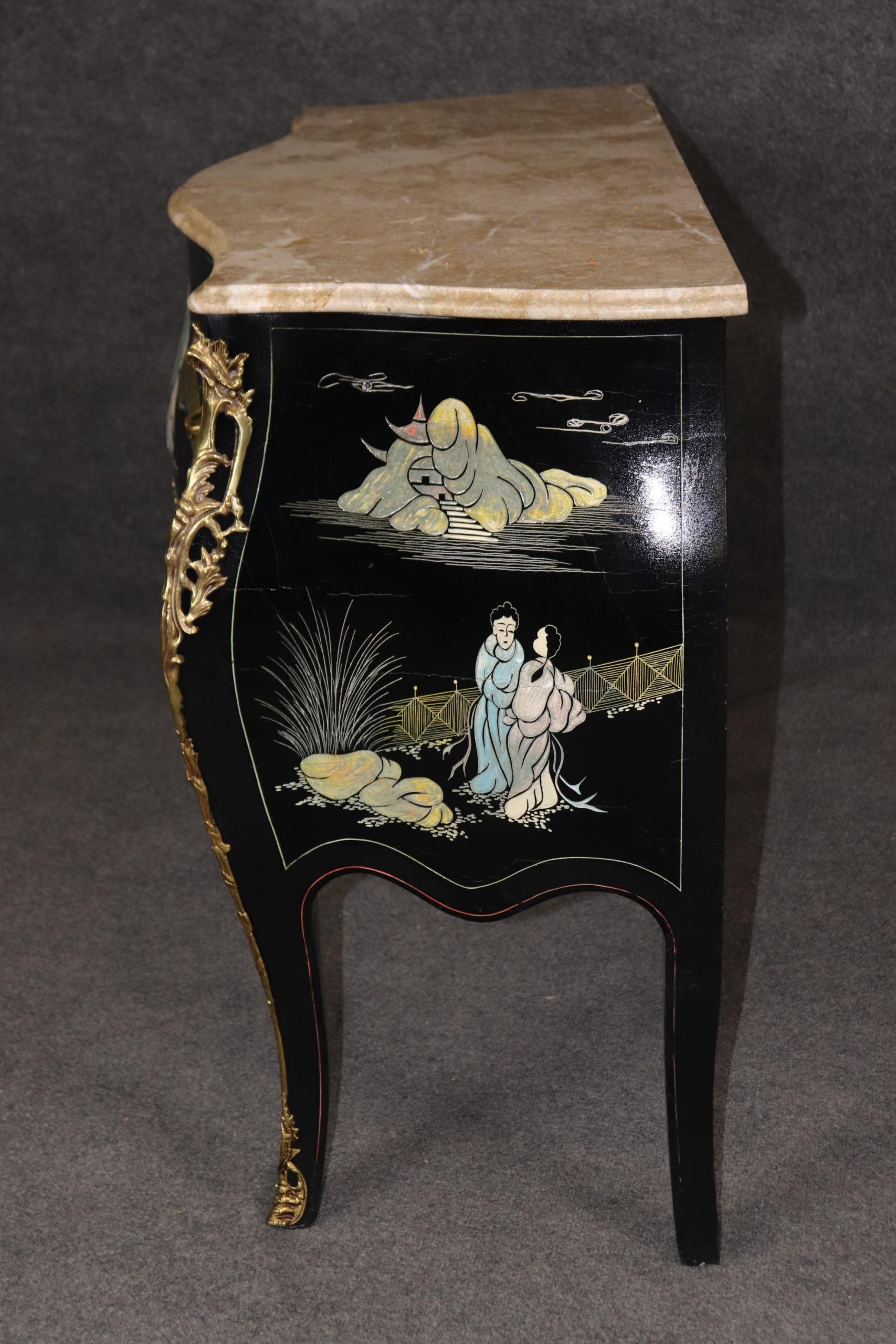Vintage Louis XV Chinoiserie Commode: Ebonized Marble Top Dresser - Image 3