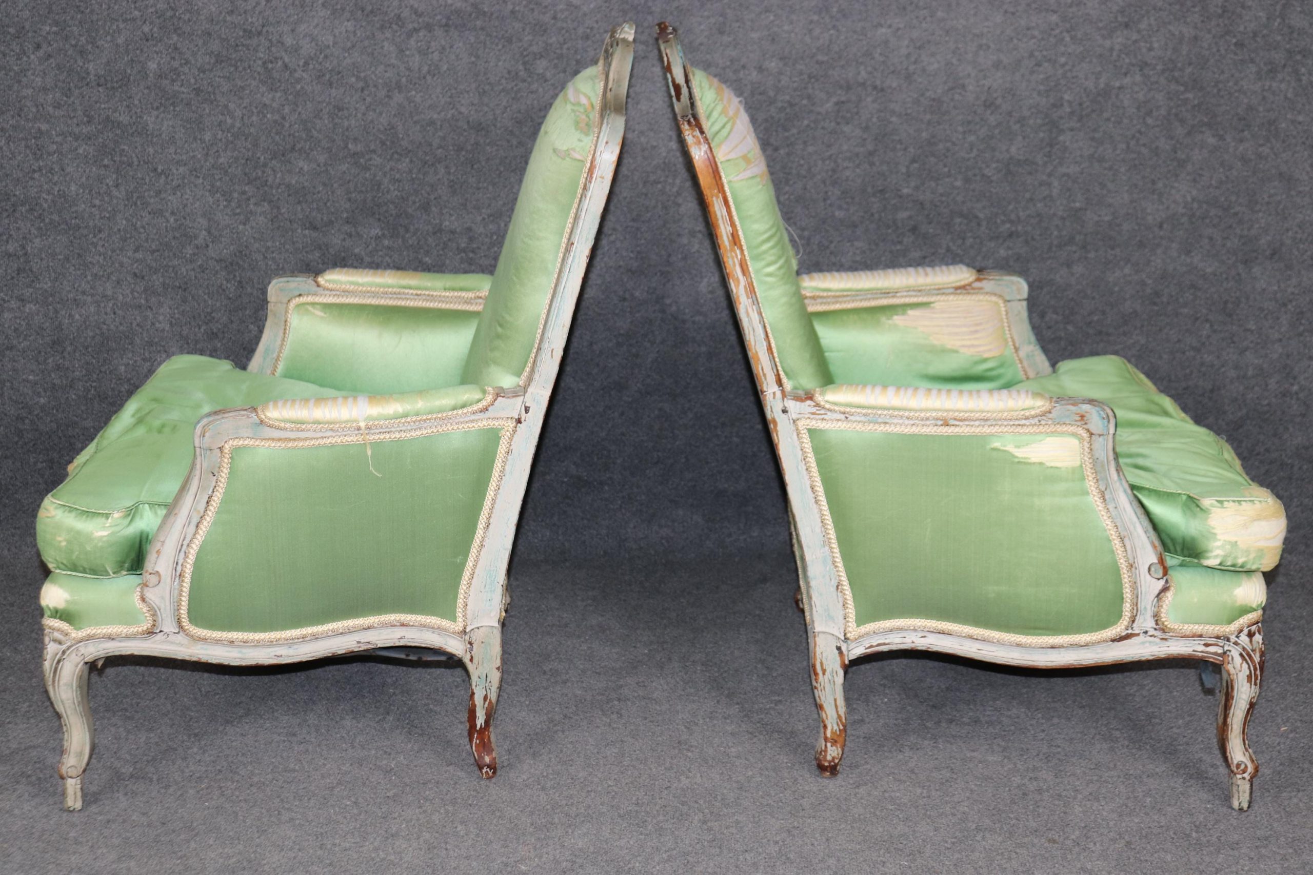 Antique French Louis XV Bergere Chairs: Distressed Paint, 1740-1760 - Image 3