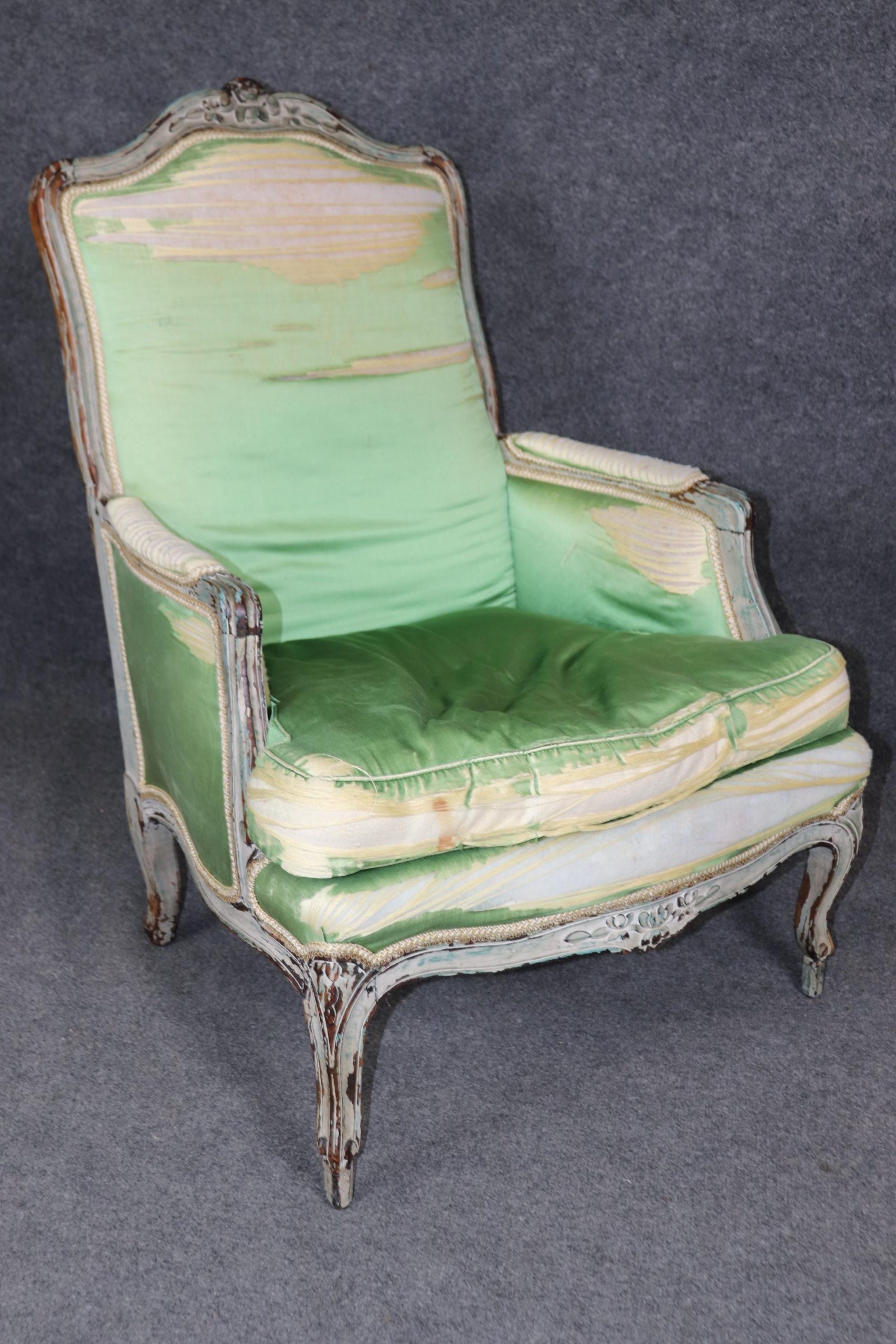 Antique French Louis XV Bergere Chairs: Distressed Paint, 1740-1760 - Image 5