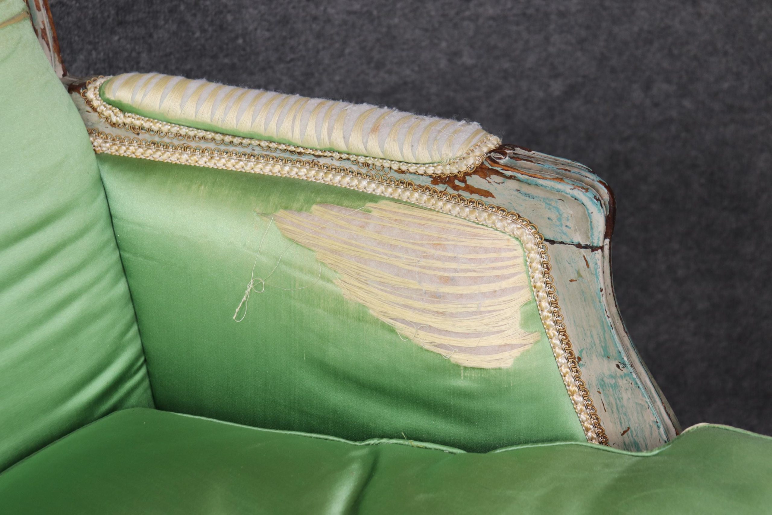 Antique French Louis XV Bergere Chairs: Distressed Paint, 1740-1760 - Image 7