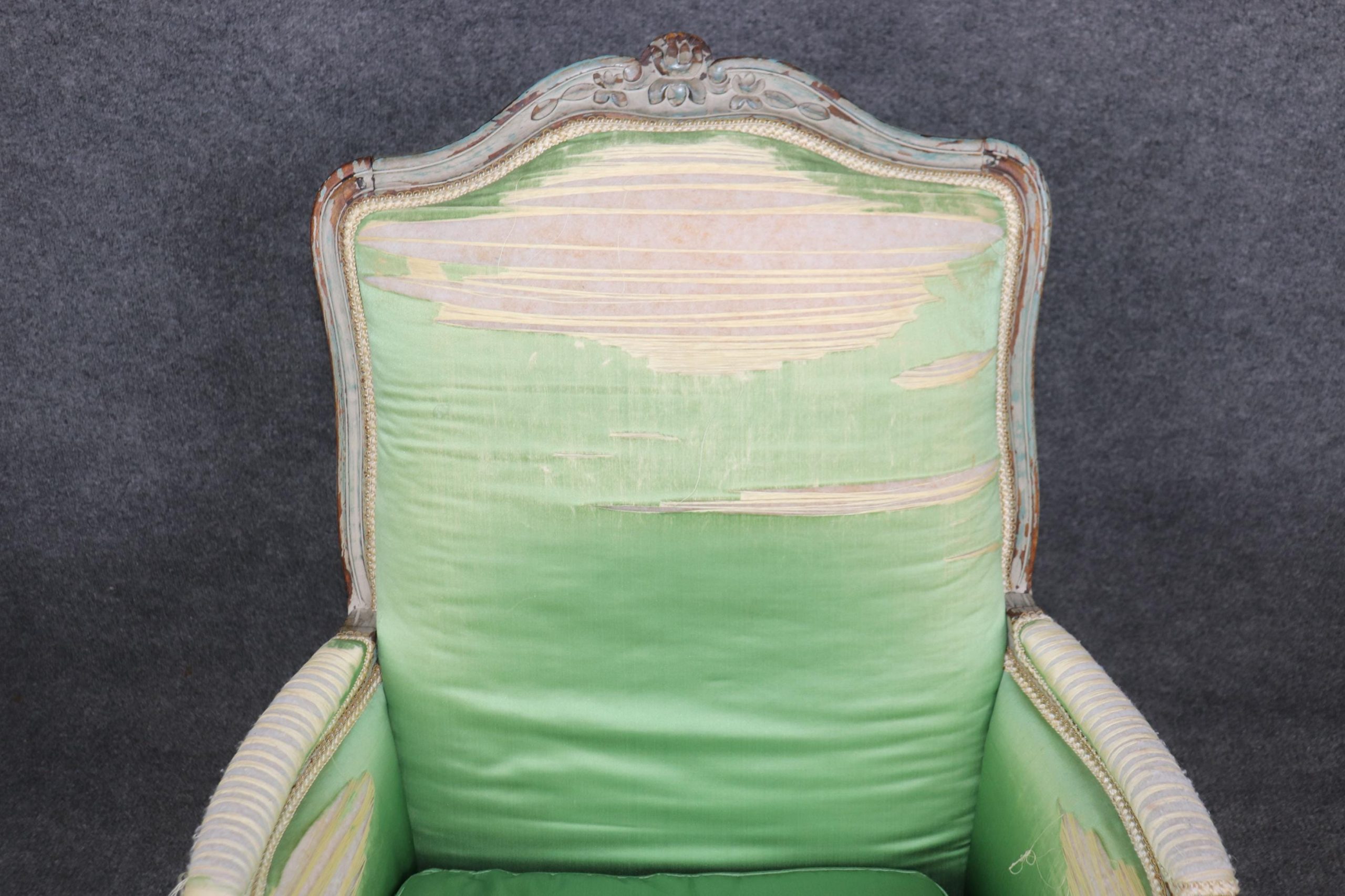 Antique French Louis XV Bergere Chairs: Distressed Paint, 1740-1760 - Image 9