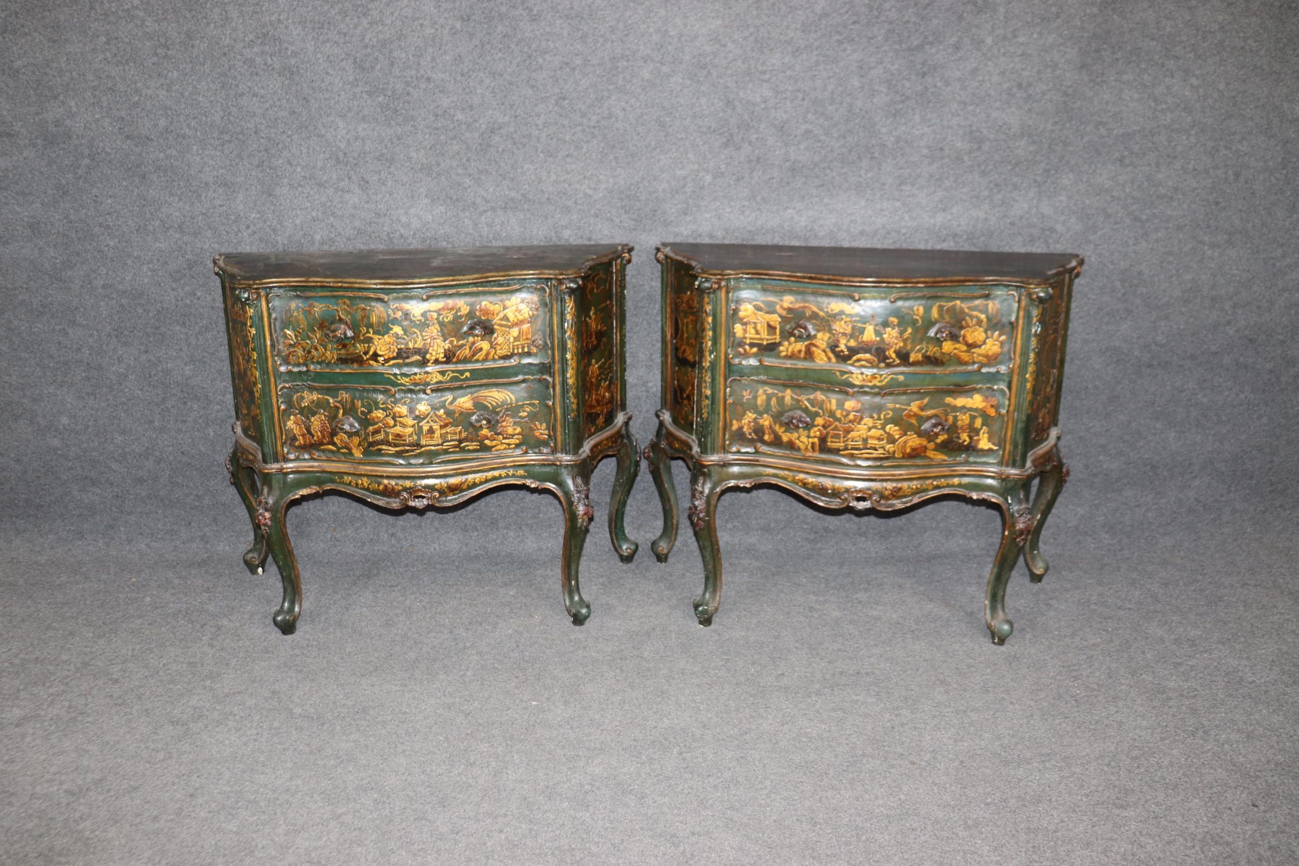Antique 18th Century Italian Chinoiserie Commodes Pair: Faux Marble Top Dressers