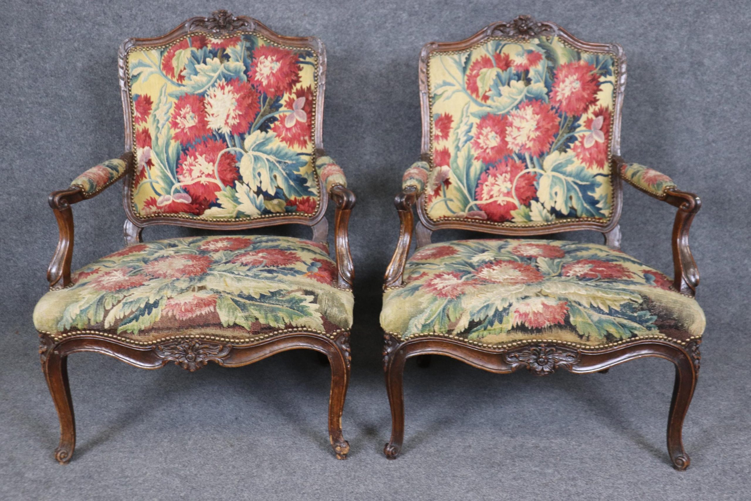 Antique French Louis XV Armchairs: Aubusson Floral Upholstery, Pair - Image 2