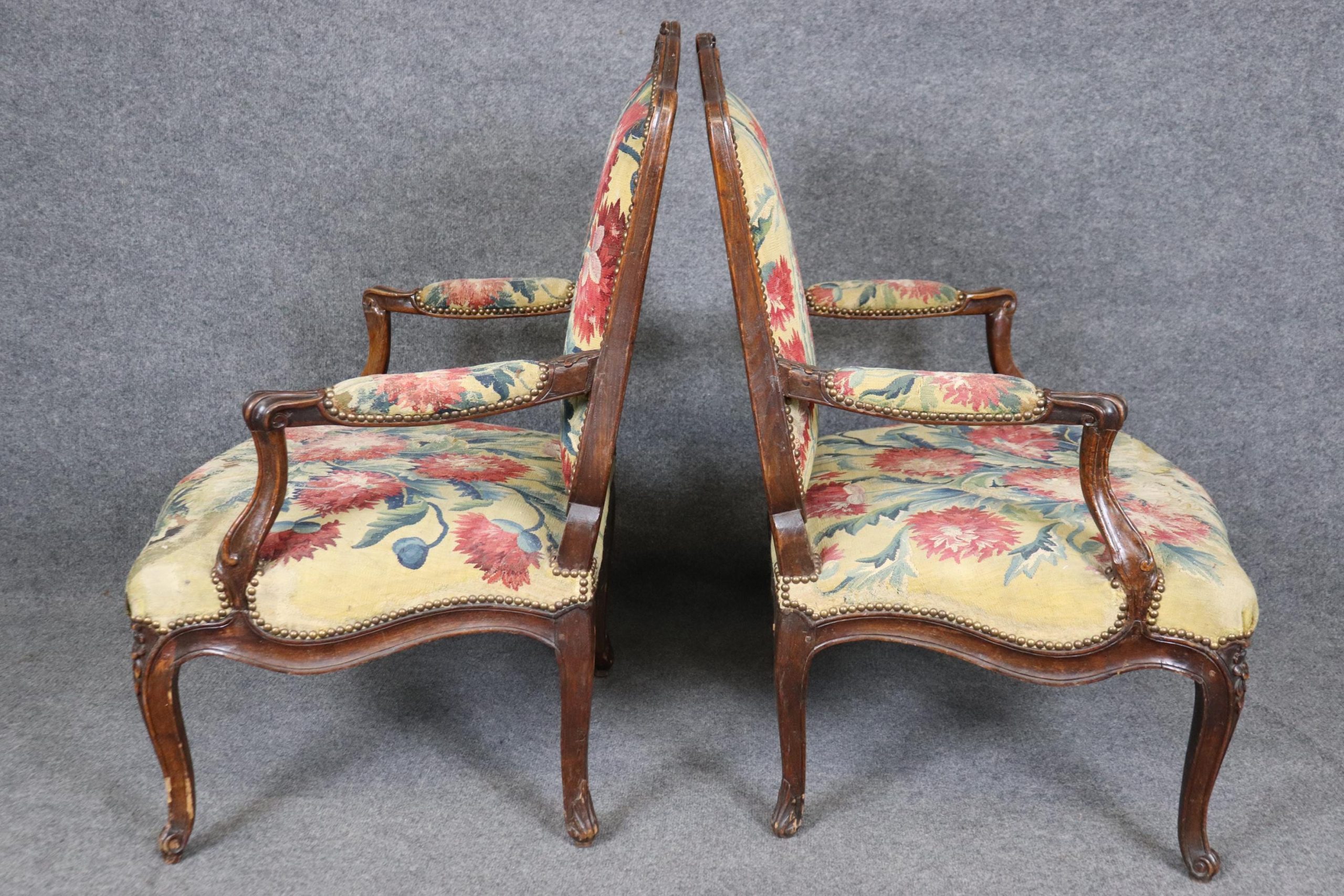 Antique French Louis XV Armchairs: Aubusson Floral Upholstery, Pair - Image 3