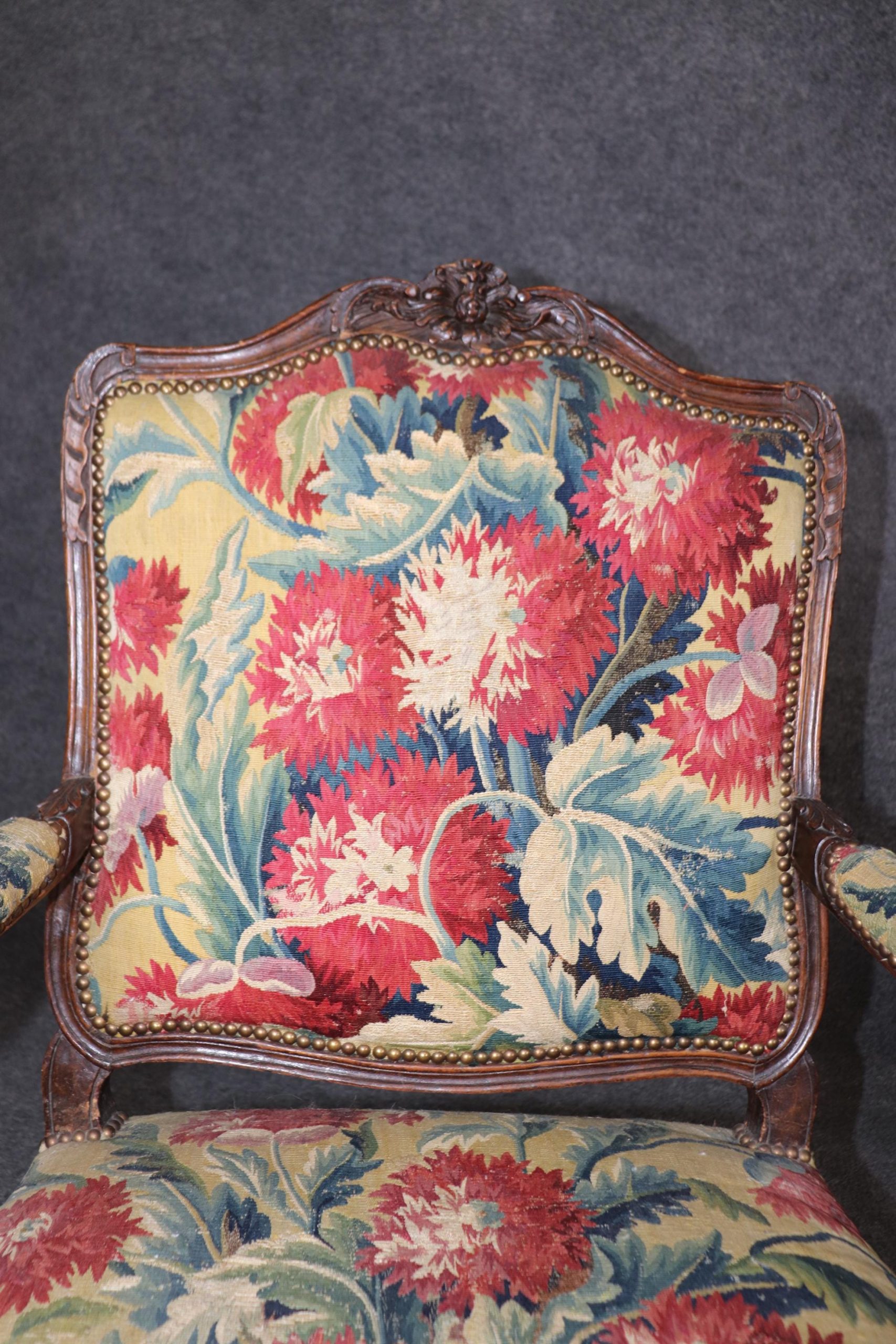 Antique French Louis XV Armchairs: Aubusson Floral Upholstery, Pair - Image 8