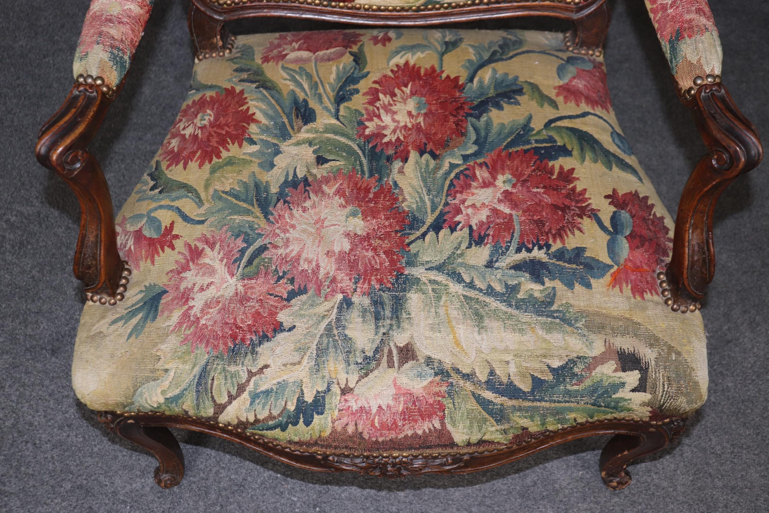 Antique French Louis XV Armchairs: Aubusson Floral Upholstery, Pair - Image 9
