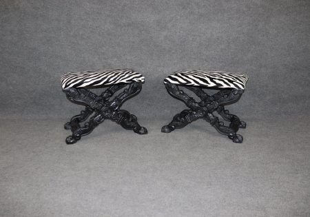 Victorian Ebonized X Benches: Zebra Print Upholstery, Pair