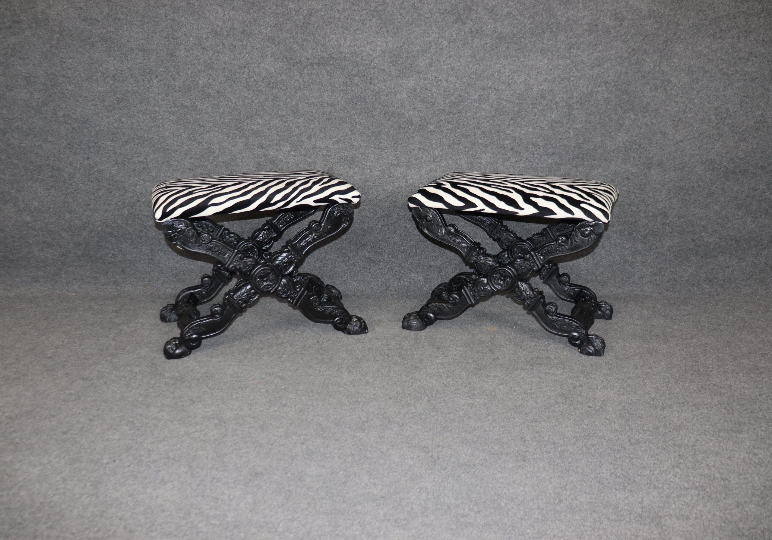 Victorian Ebonized X Benches: Zebra Print Upholstery, Pair