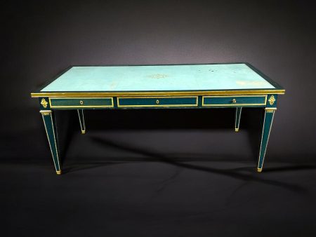 French Louis XVI Style Blue Leather Top Bureau Plat by Maurice Hirch, Desk