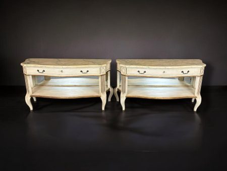 Vintage Faux Marble Top Console Tables: White Painted Sofa Tables, Pair