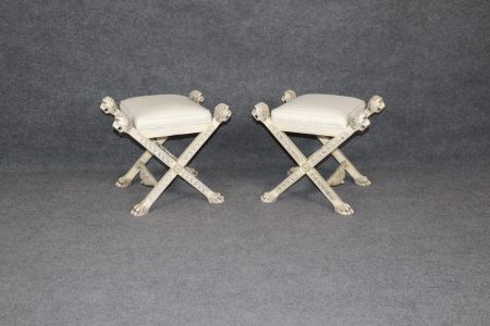 Pair of Vintage Georgian Style Lion Head Upholstered X Benches