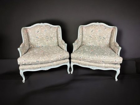 Vintage Louis XV Style Wingback Chairs: Floral Bergere Armchairs, Pair