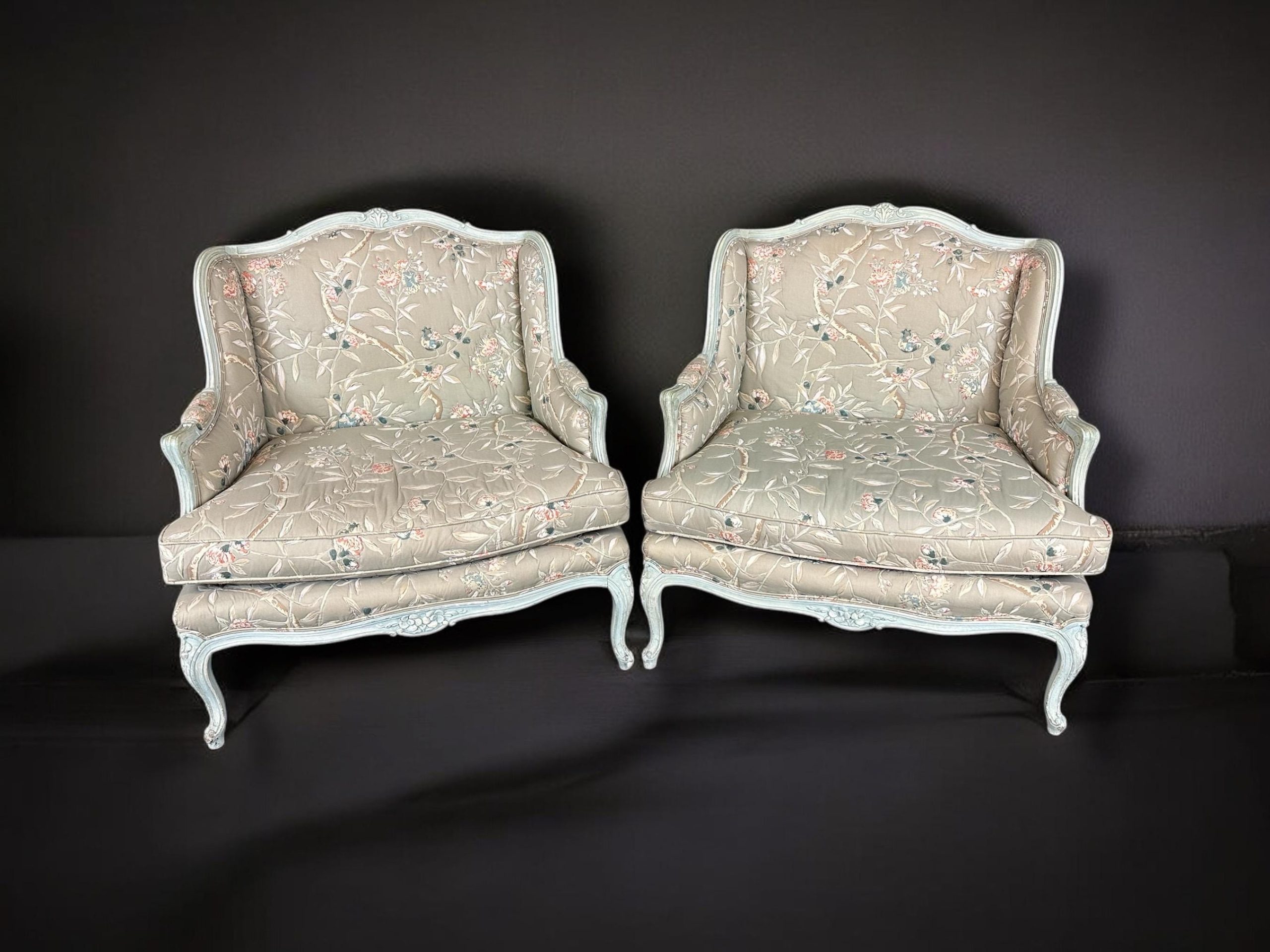 Vintage Louis XV Style Wingback Chairs: Floral Bergere Armchairs, Pair