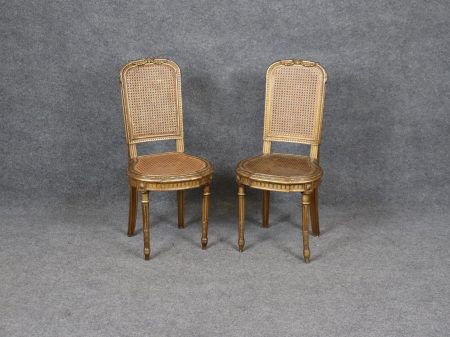 Vintage French Louis XVI Gilt Cane Back Chairs - Pair