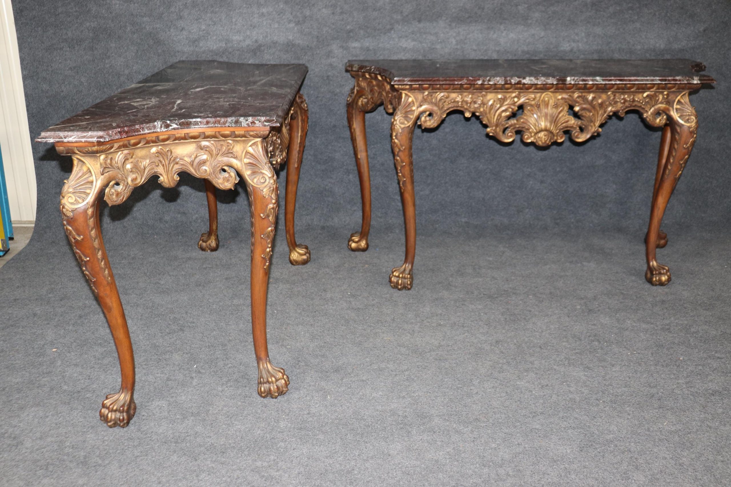 Vintage Carved Georgian Style Marble Top Console Tables - Pair - Image 3