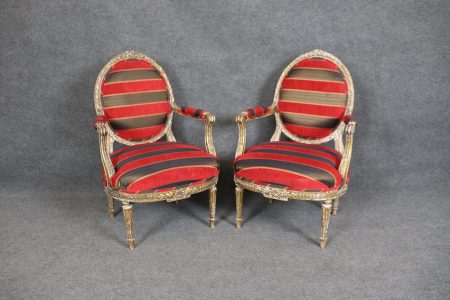 Antique French Louis XVI Style Gilt Armchairs: Turn of the Century Pair
