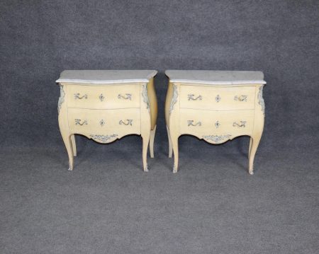 Vintage French Louis XV Style Marble Top Commodes: Paint Decorated Bedroom Furniture