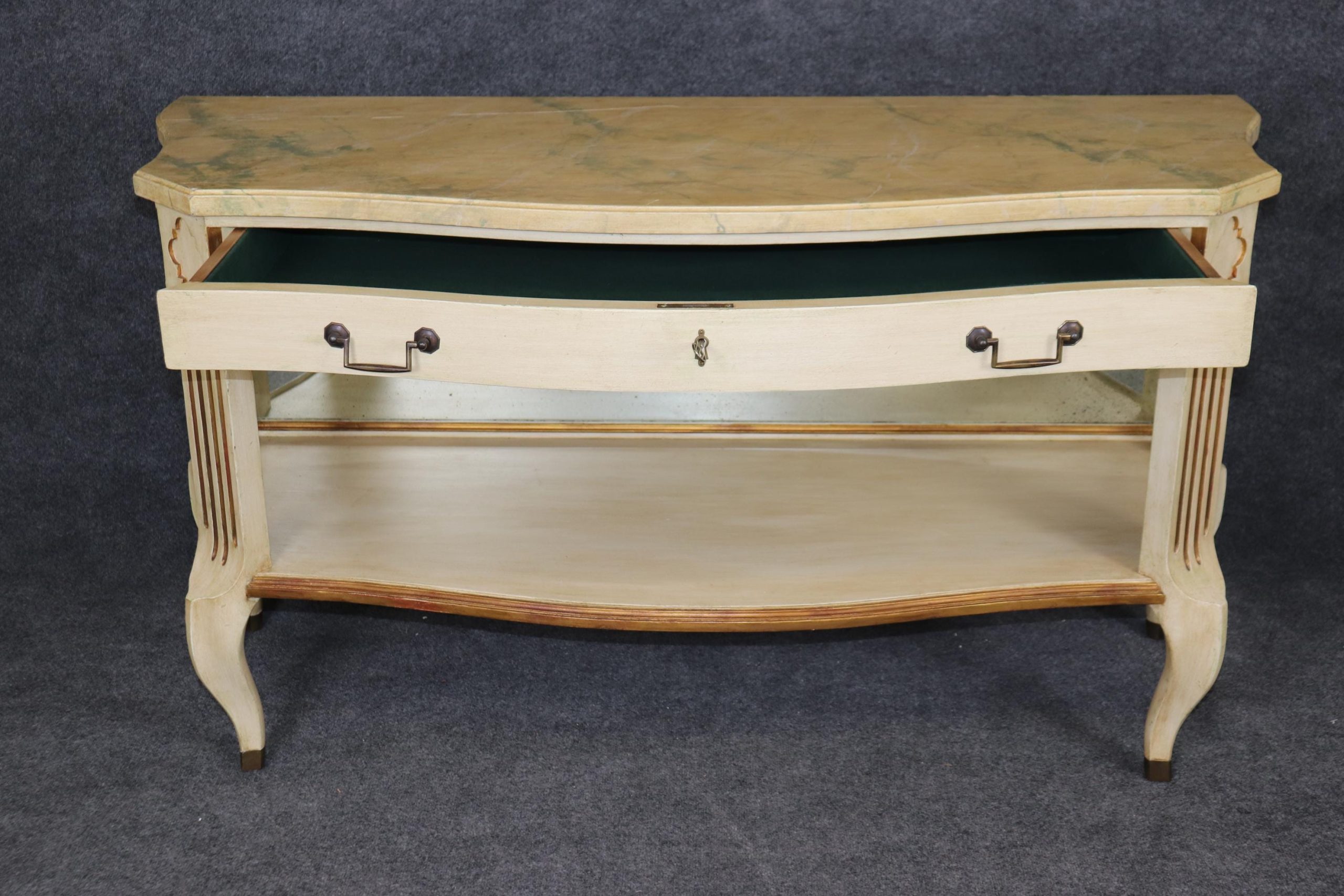 Vintage Faux Marble Top Console Tables: White Painted Sofa Tables, Pair - Image 5