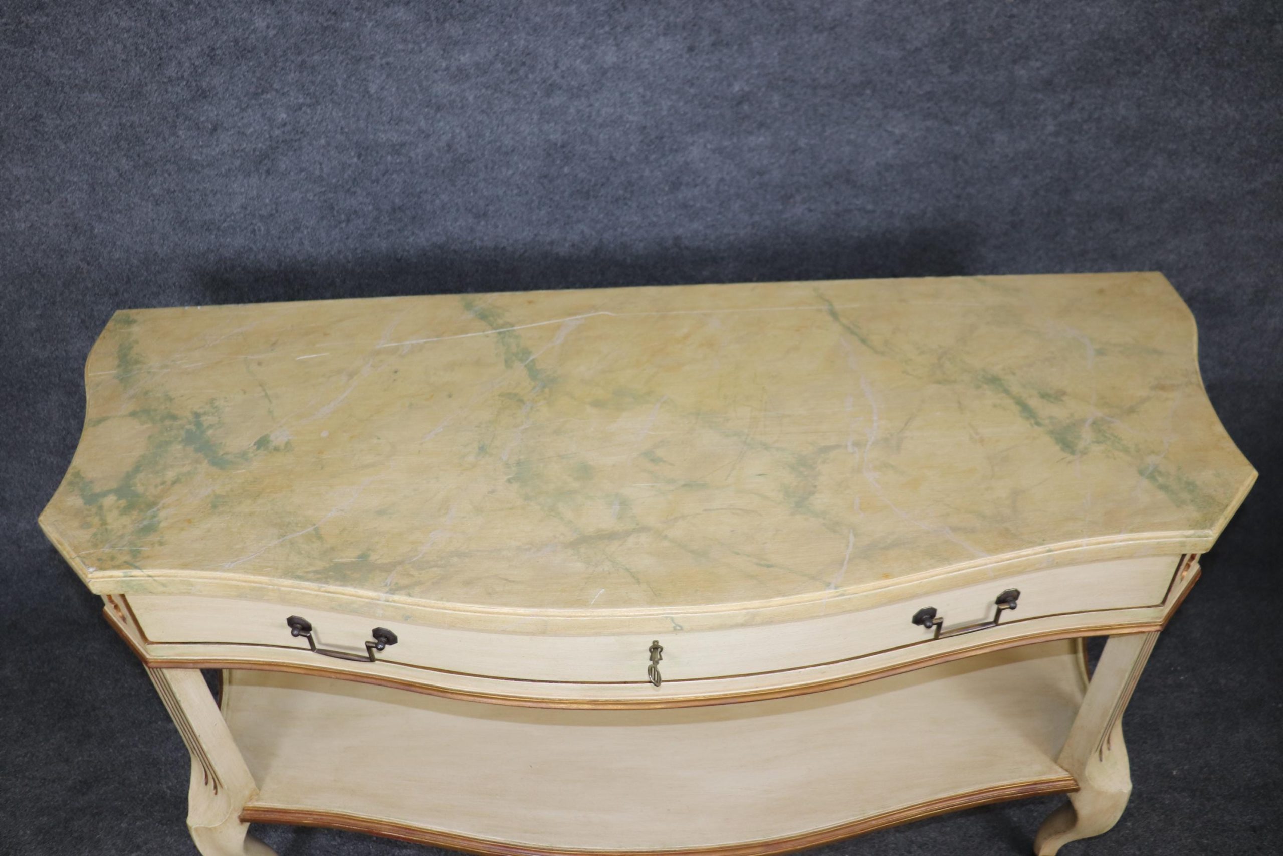 Vintage Faux Marble Top Console Tables: White Painted Sofa Tables, Pair - Image 6