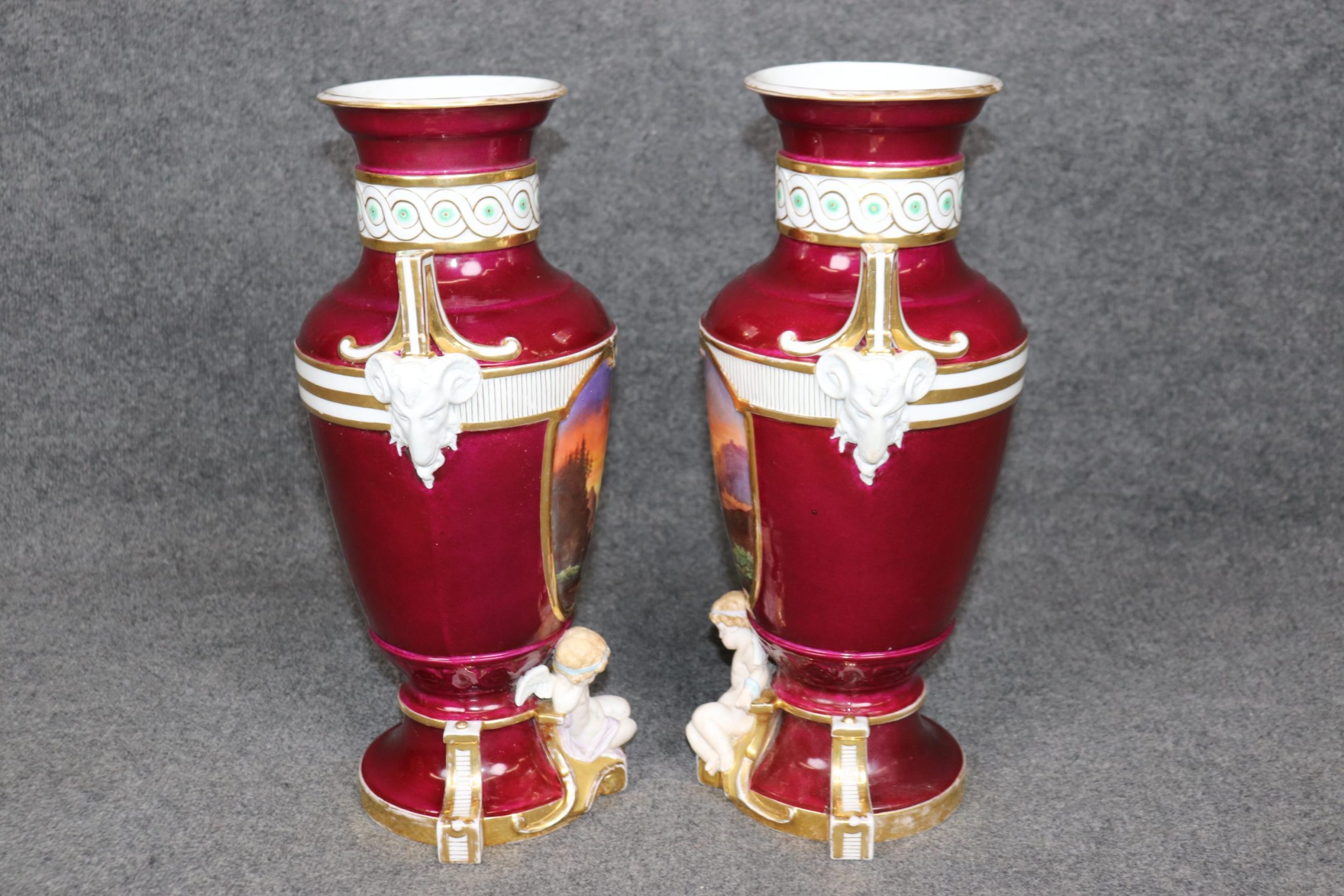 Antique French Old Paris Porcelain Urns: Louis XVI Style Cherub Vases - Image 3