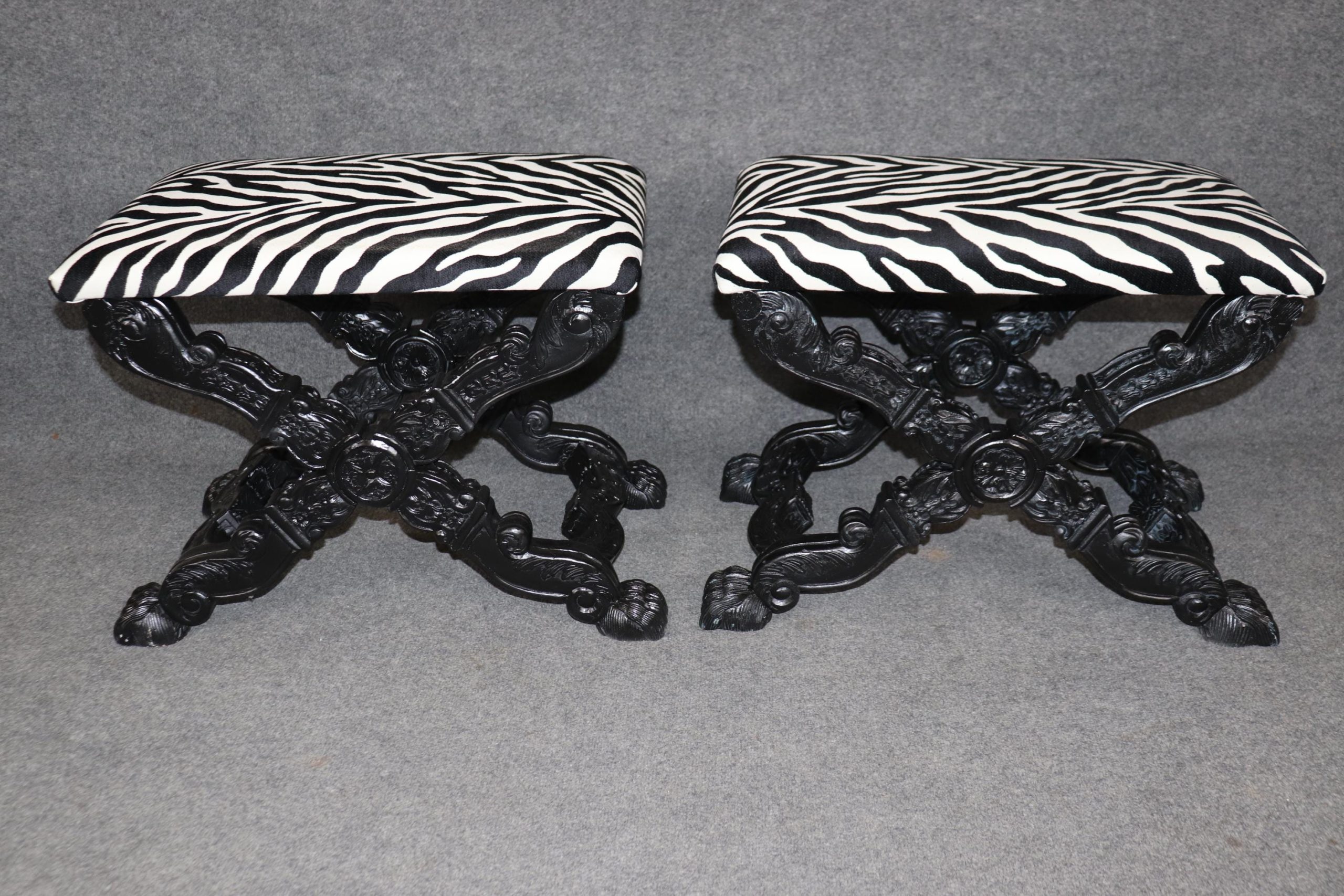 Victorian Ebonized X Benches: Zebra Print Upholstery, Pair - Image 4