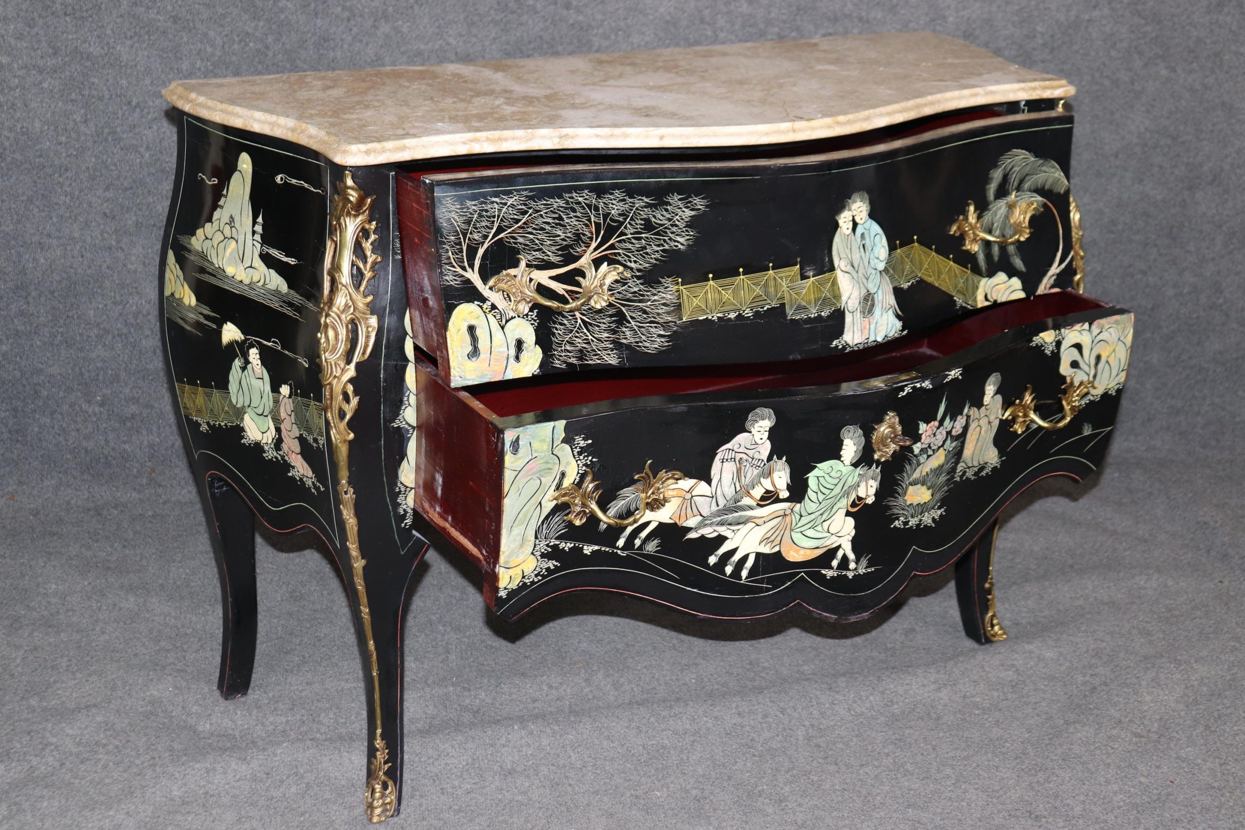 Vintage Louis XV Chinoiserie Commode: Ebonized Marble Top Dresser - Image 4