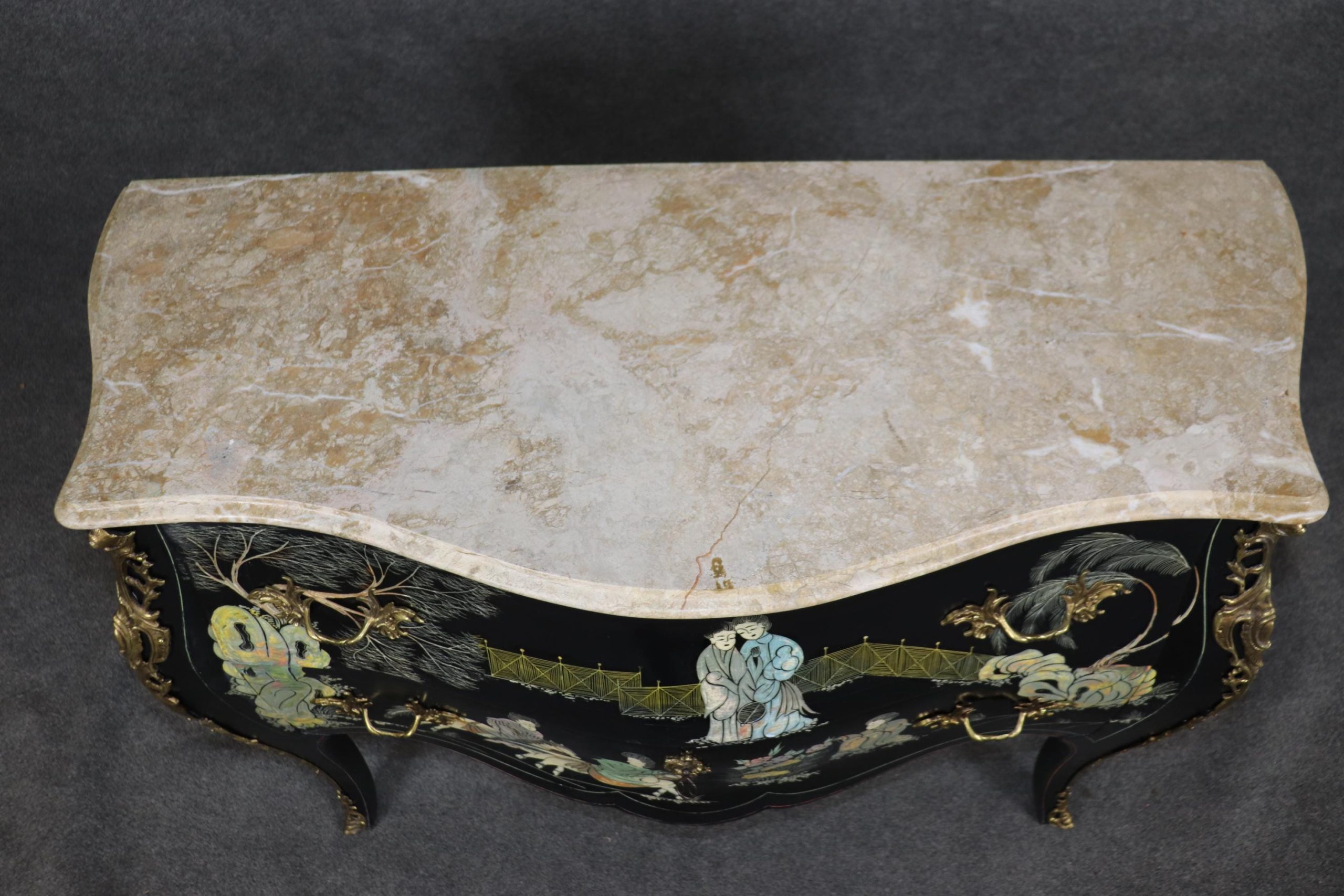 Vintage Louis XV Chinoiserie Commode: Ebonized Marble Top Dresser - Image 5