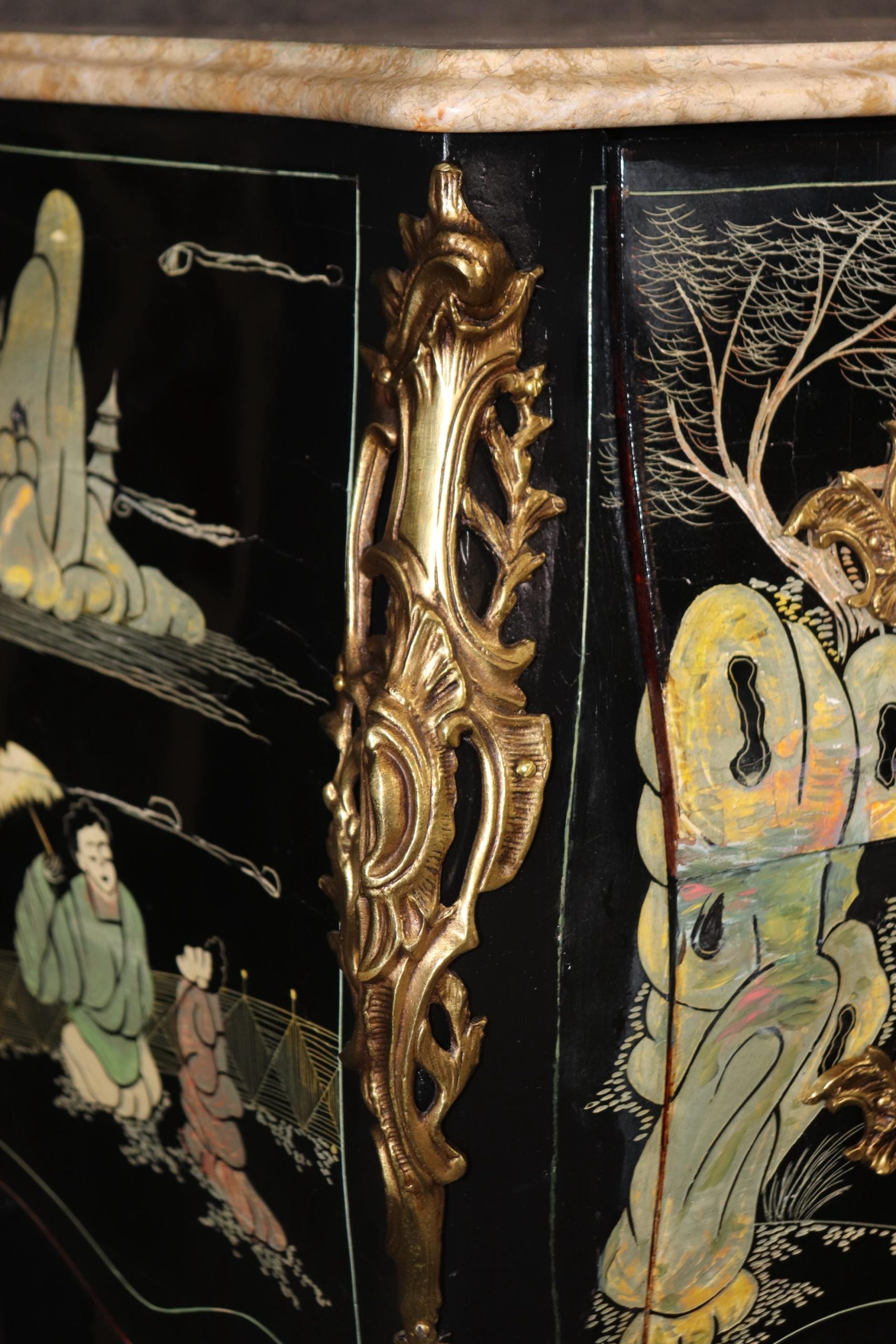 Vintage Louis XV Chinoiserie Commode: Ebonized Marble Top Dresser - Image 7