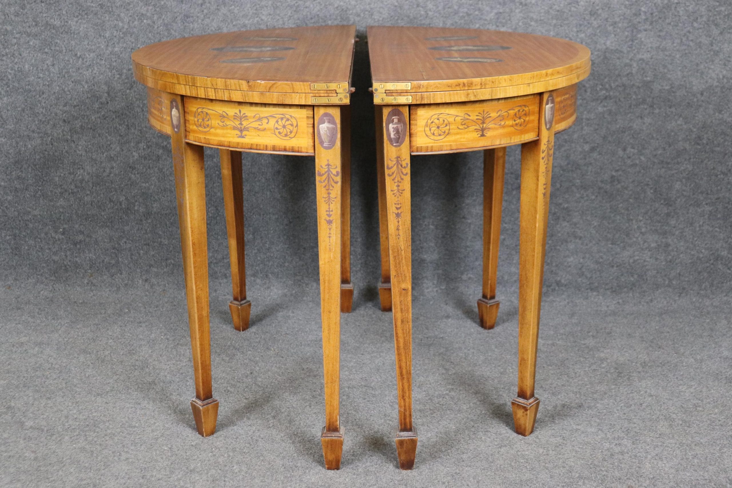 1920s Adams Style Demilune Flip Top Tables: Painted Accent Console Pair - Image 3