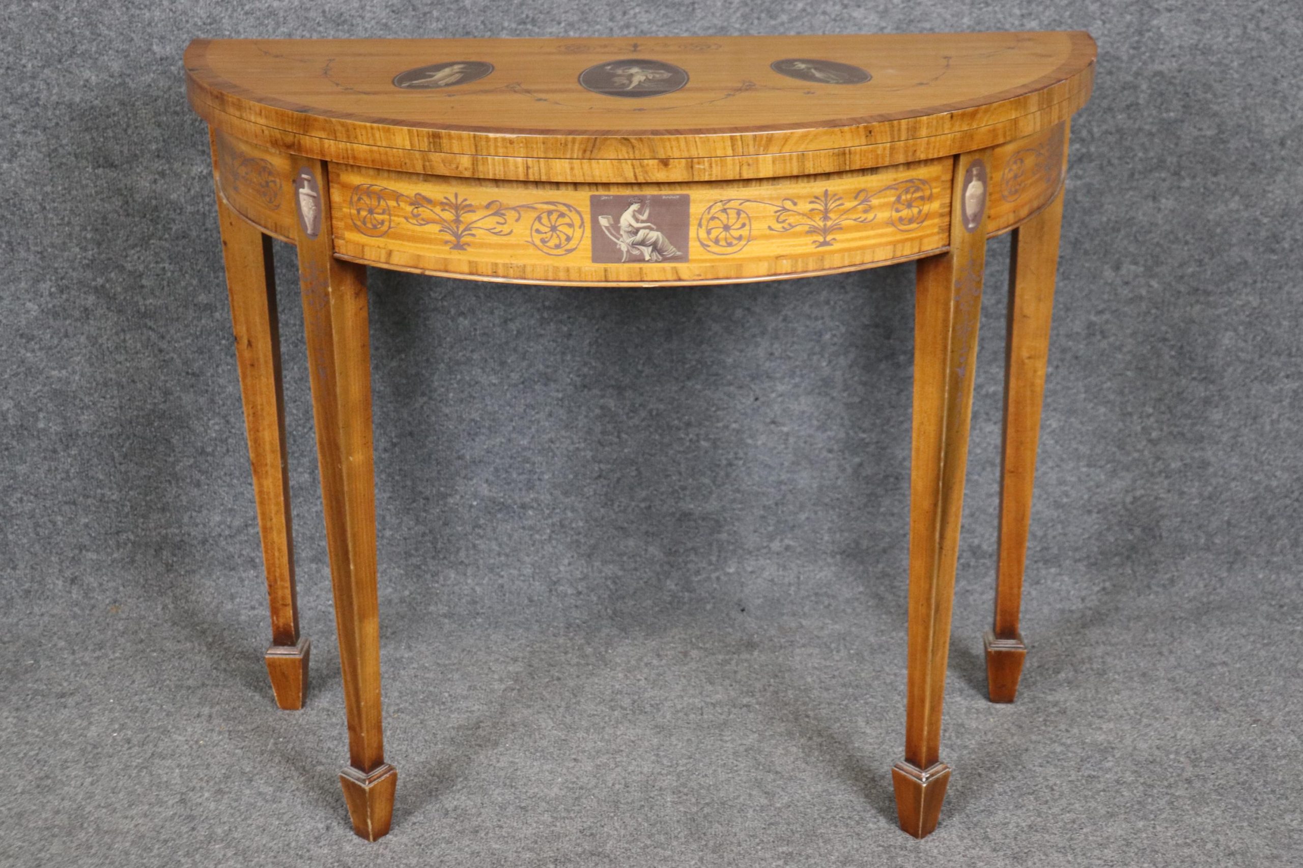 1920s Adams Style Demilune Flip Top Tables: Painted Accent Console Pair - Image 4