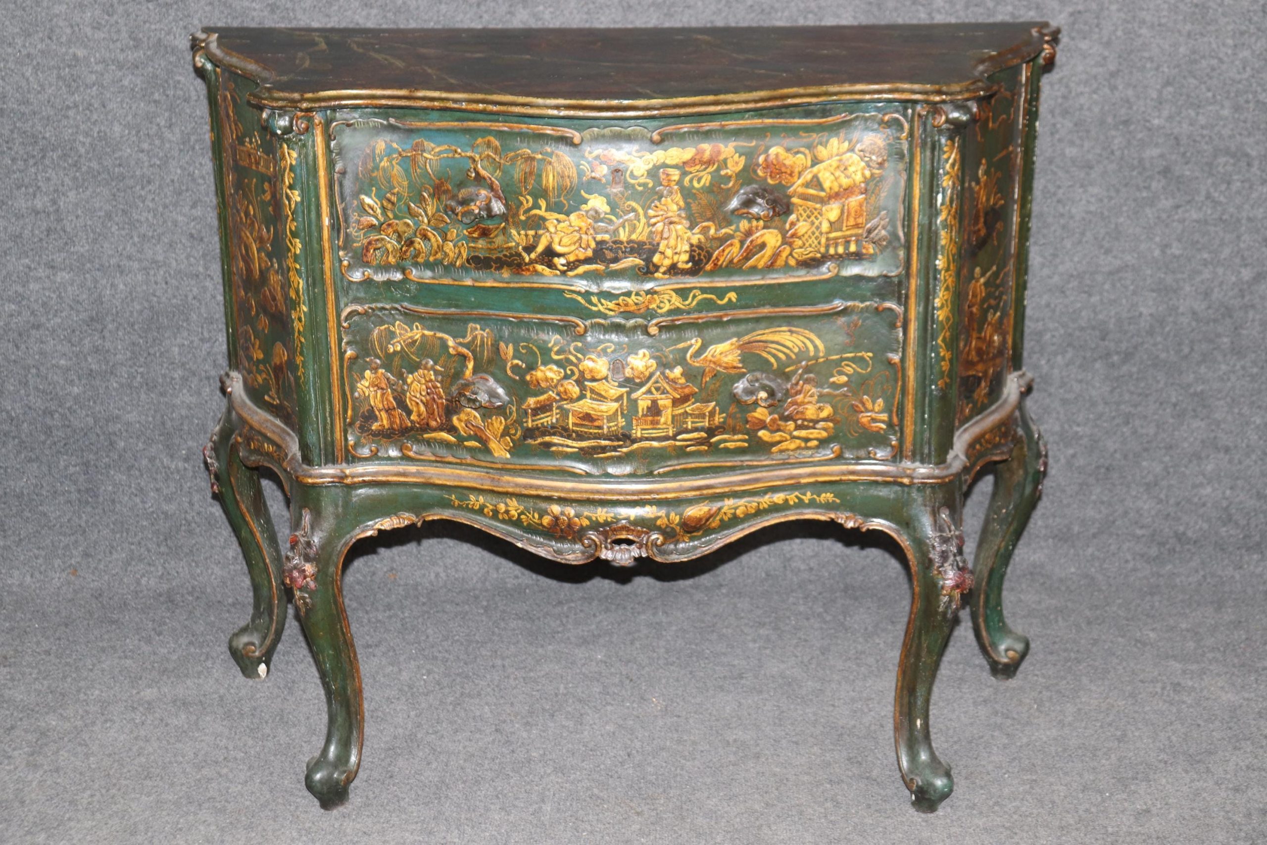 Antique 18th Century Italian Chinoiserie Commodes Pair: Faux Marble Top Dressers - Image 5