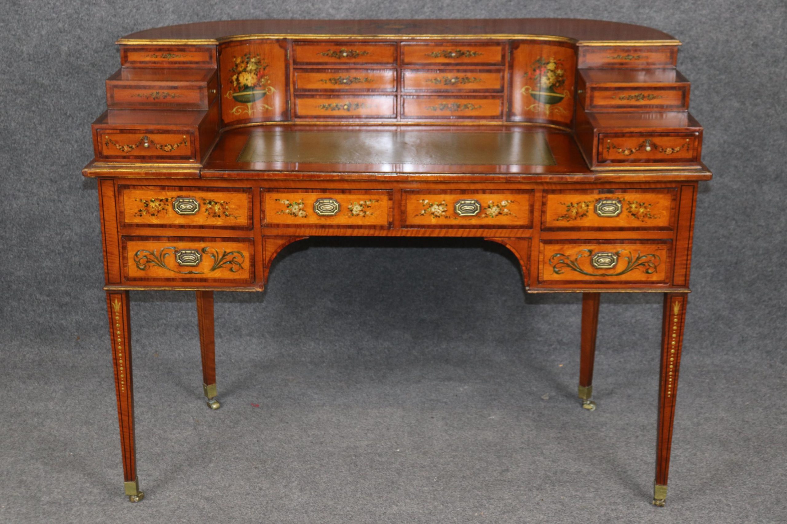 19th Century English Satinwood Carlton House Desk: Adams Style, Painted Floral Decor - Image 2
