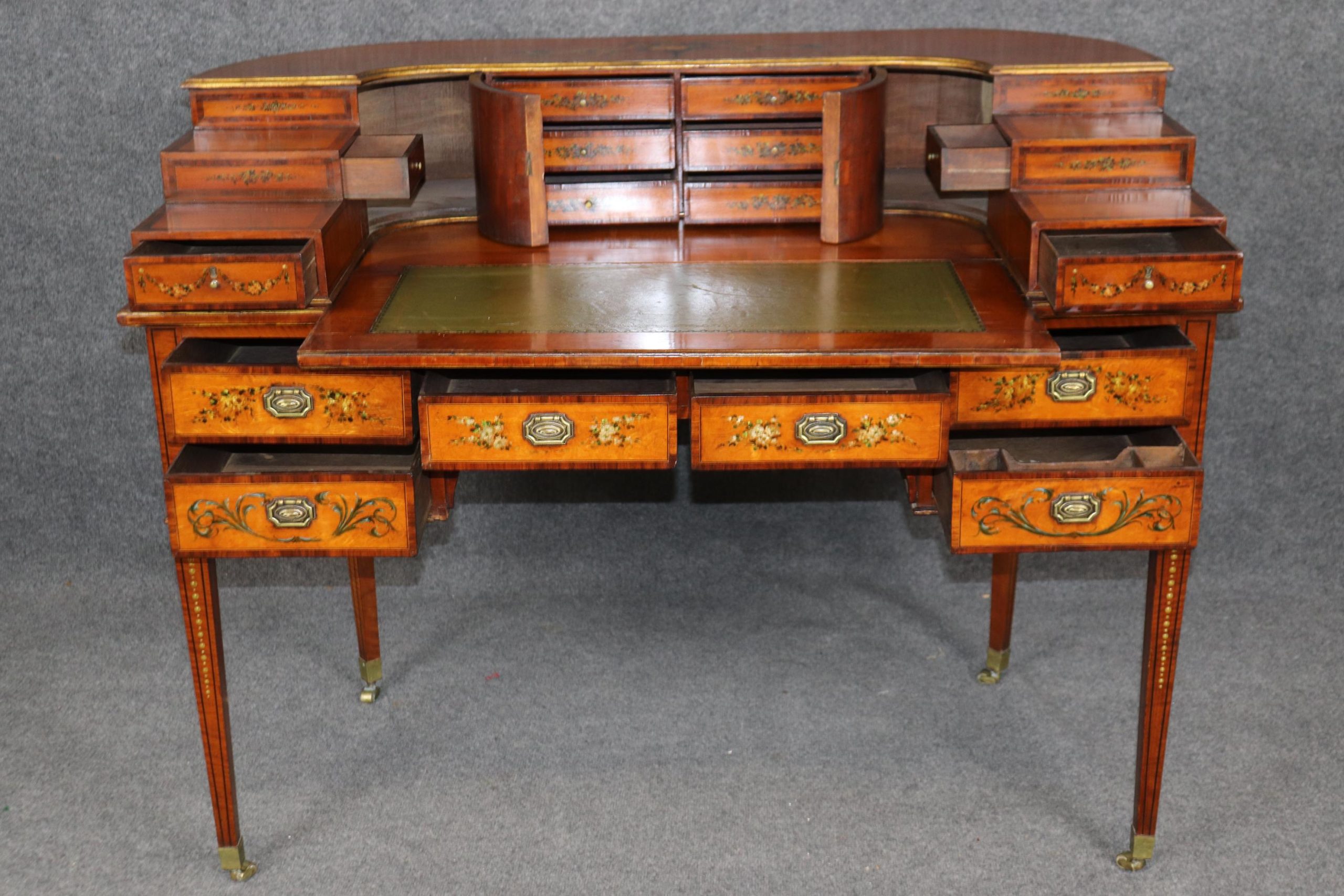 19th Century English Satinwood Carlton House Desk: Adams Style, Painted Floral Decor - Image 5