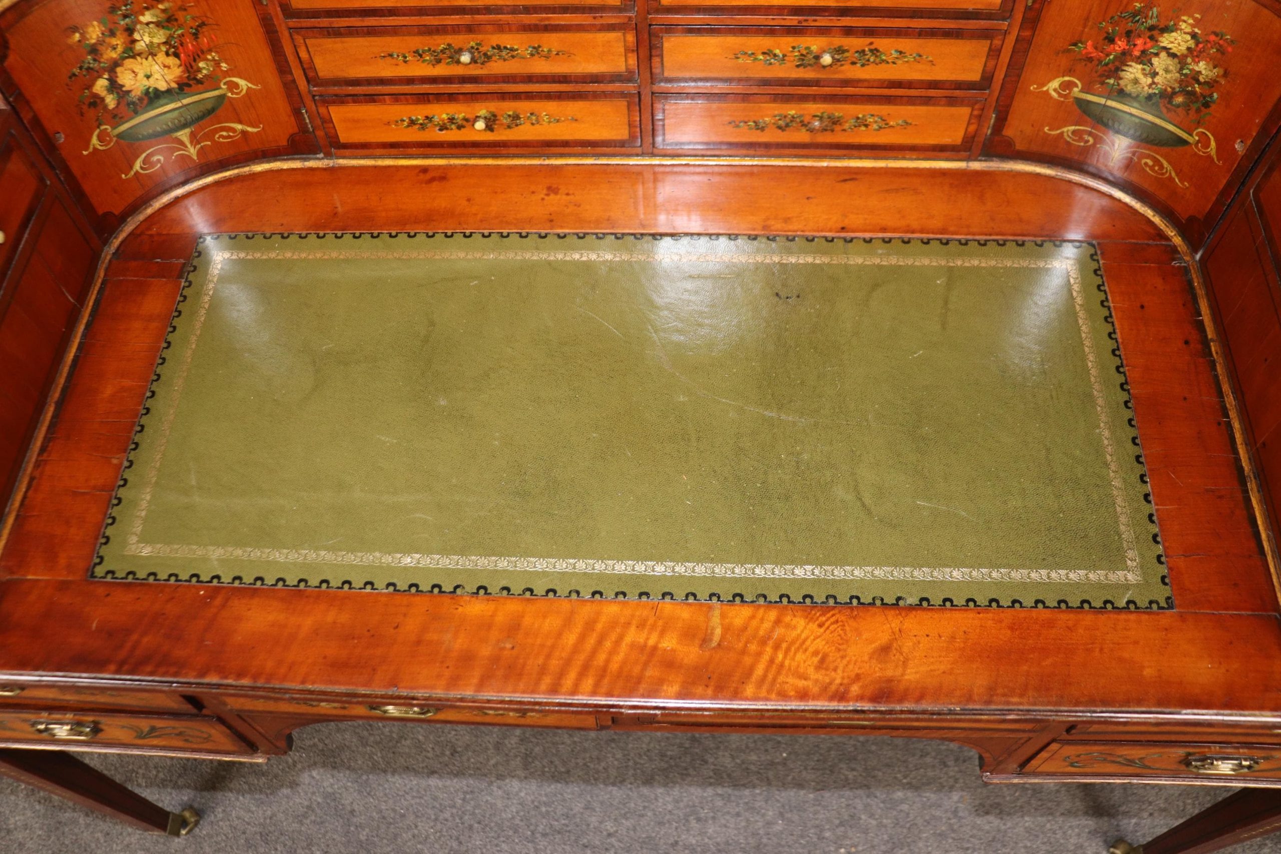 19th Century English Satinwood Carlton House Desk: Adams Style, Painted Floral Decor - Image 10