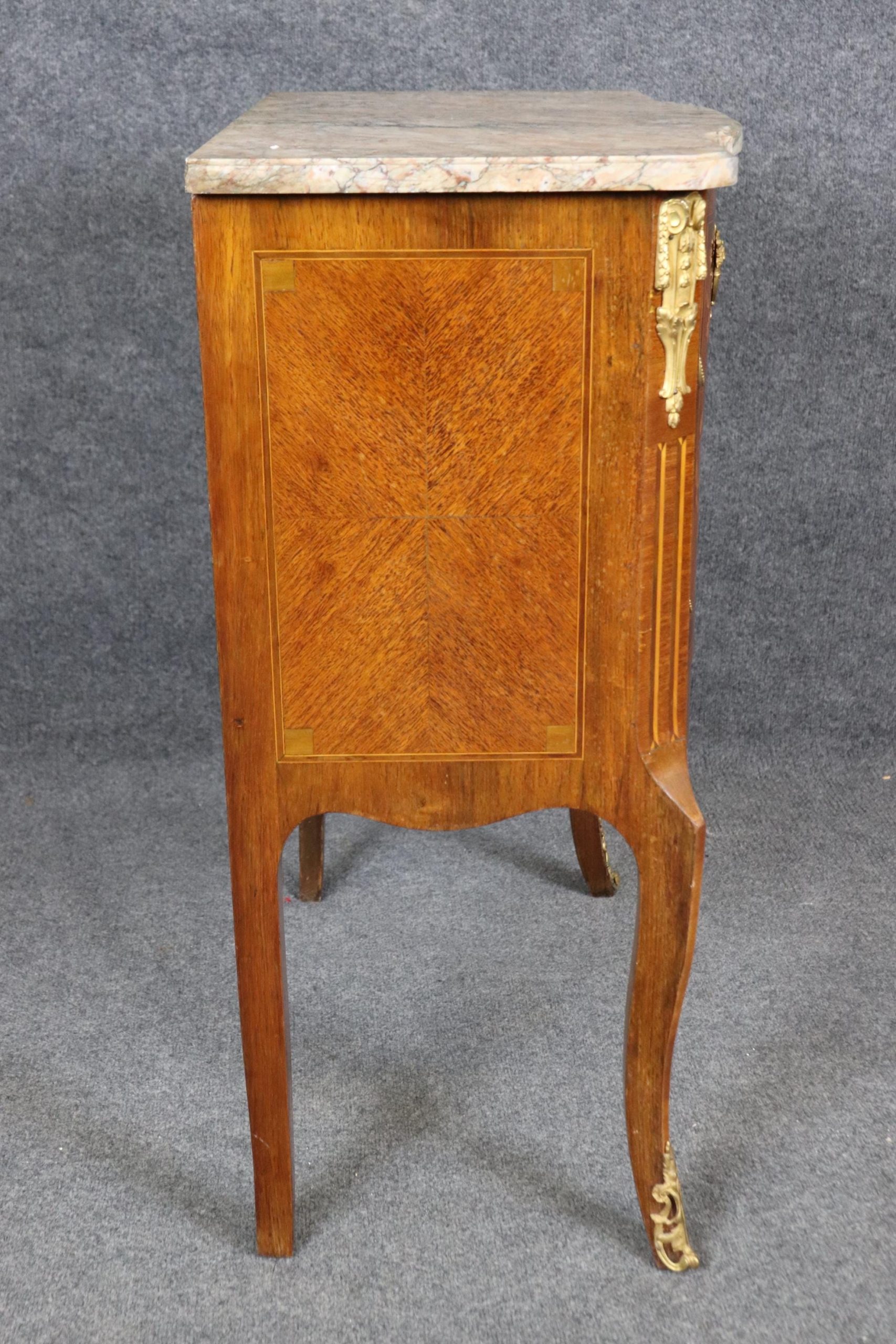 Antique French Louis XV Marble Top Commode: Ormolu Mounted Inlaid Chest - Image 4