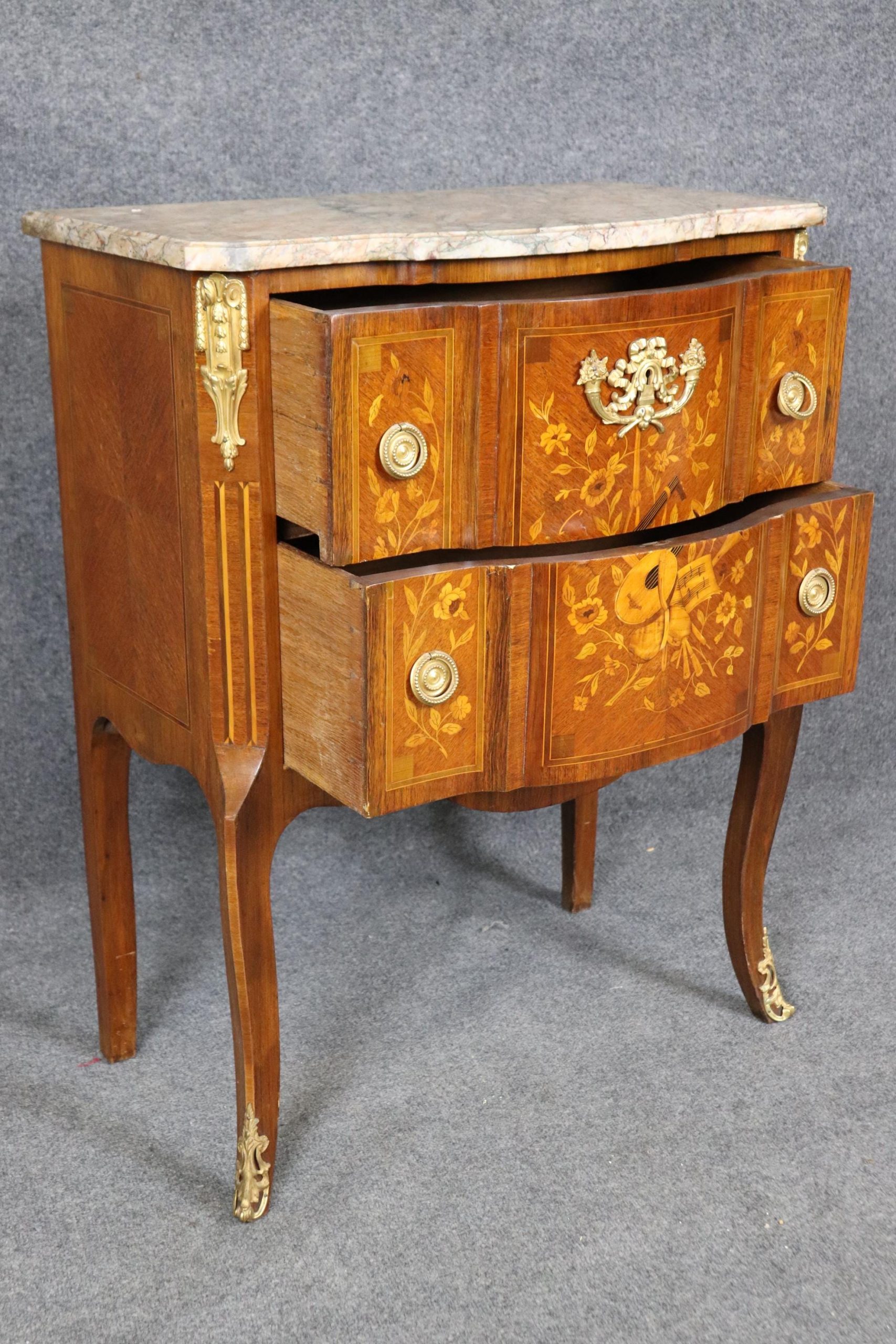 Antique French Louis XV Marble Top Commode: Ormolu Mounted Inlaid Chest - Image 6