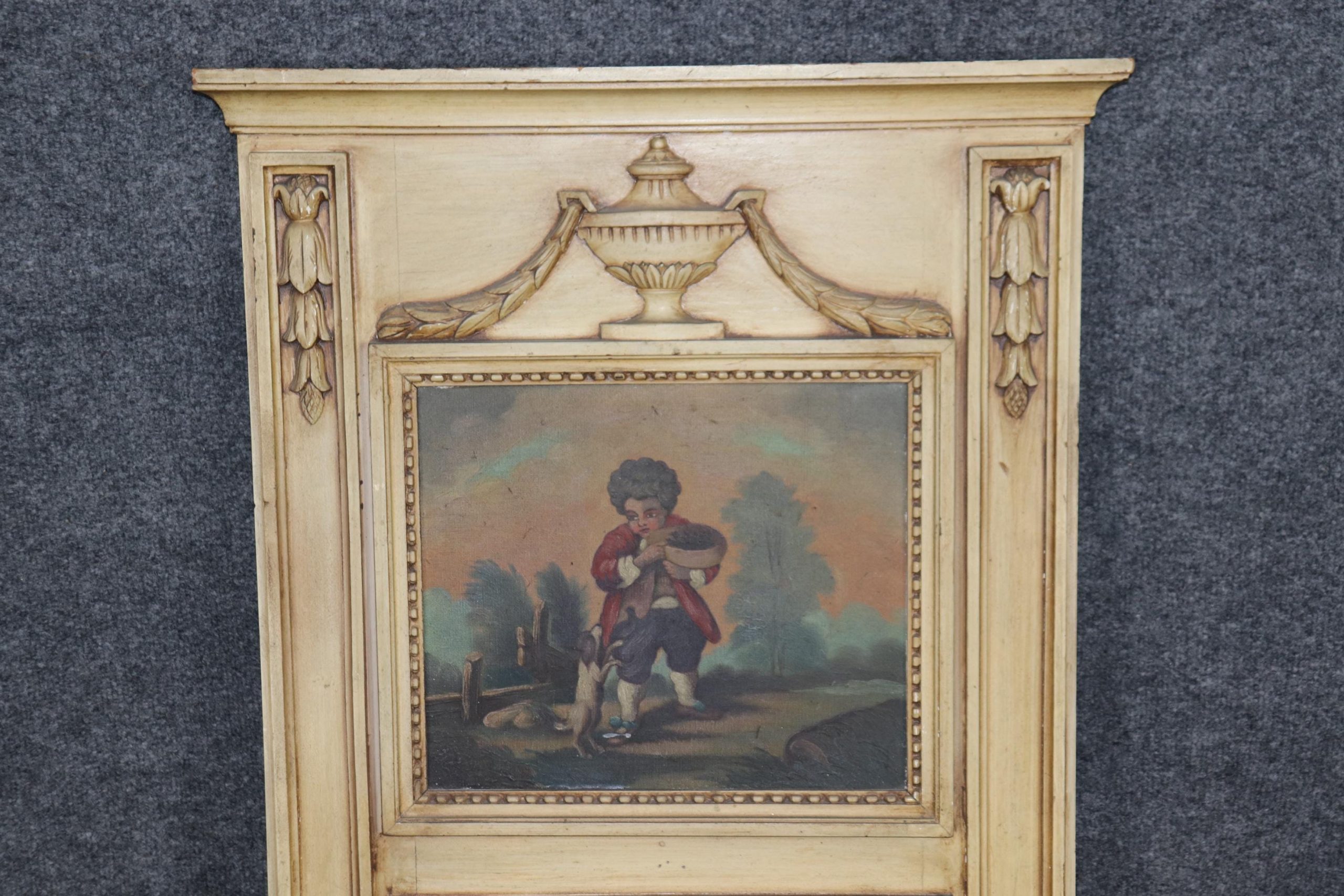 Antique Louis XVI Style Trumeau Mirror: Creme Painted, Inset Oil Painting - Image 4