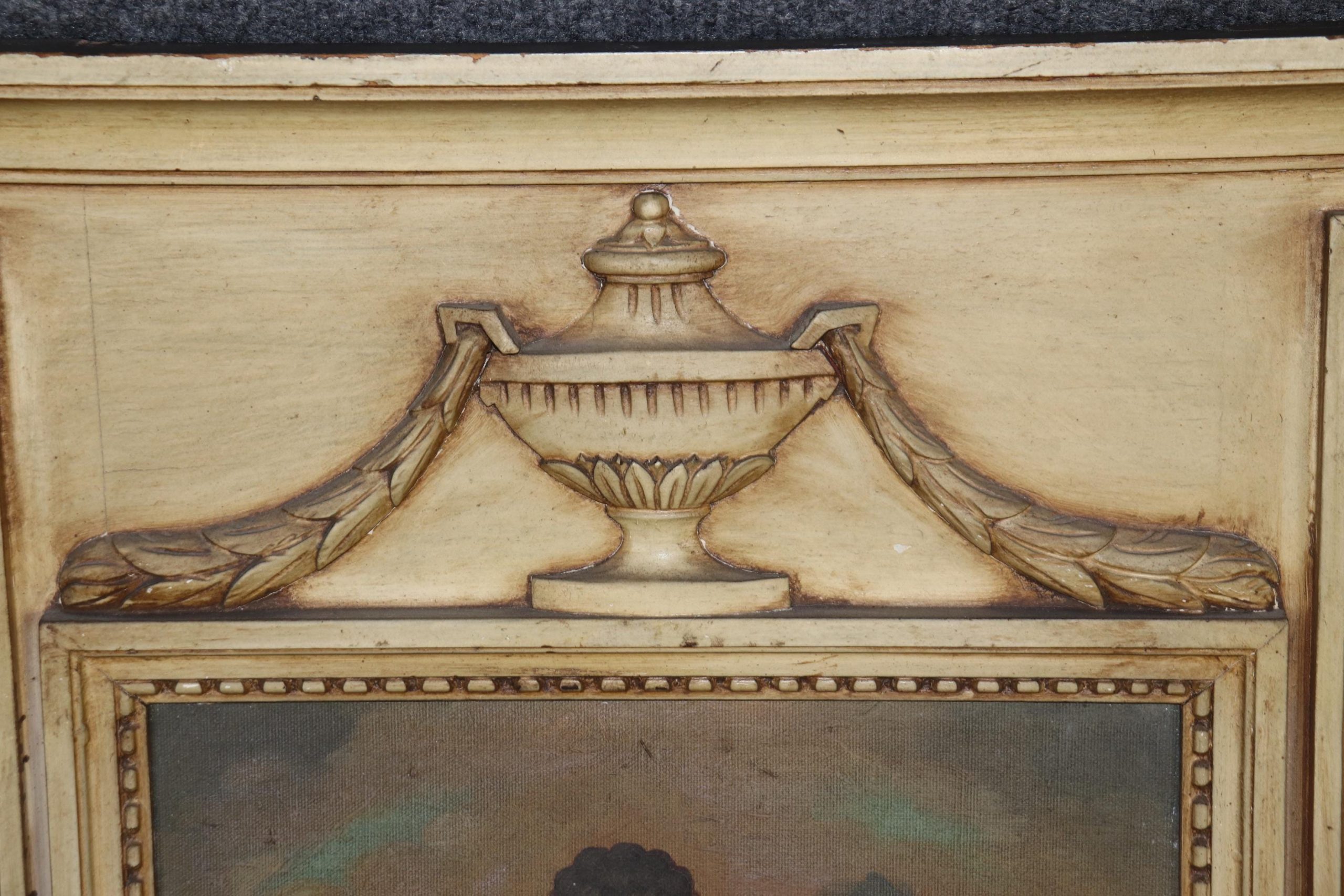 Antique Louis XVI Style Trumeau Mirror: Creme Painted, Inset Oil Painting - Image 5