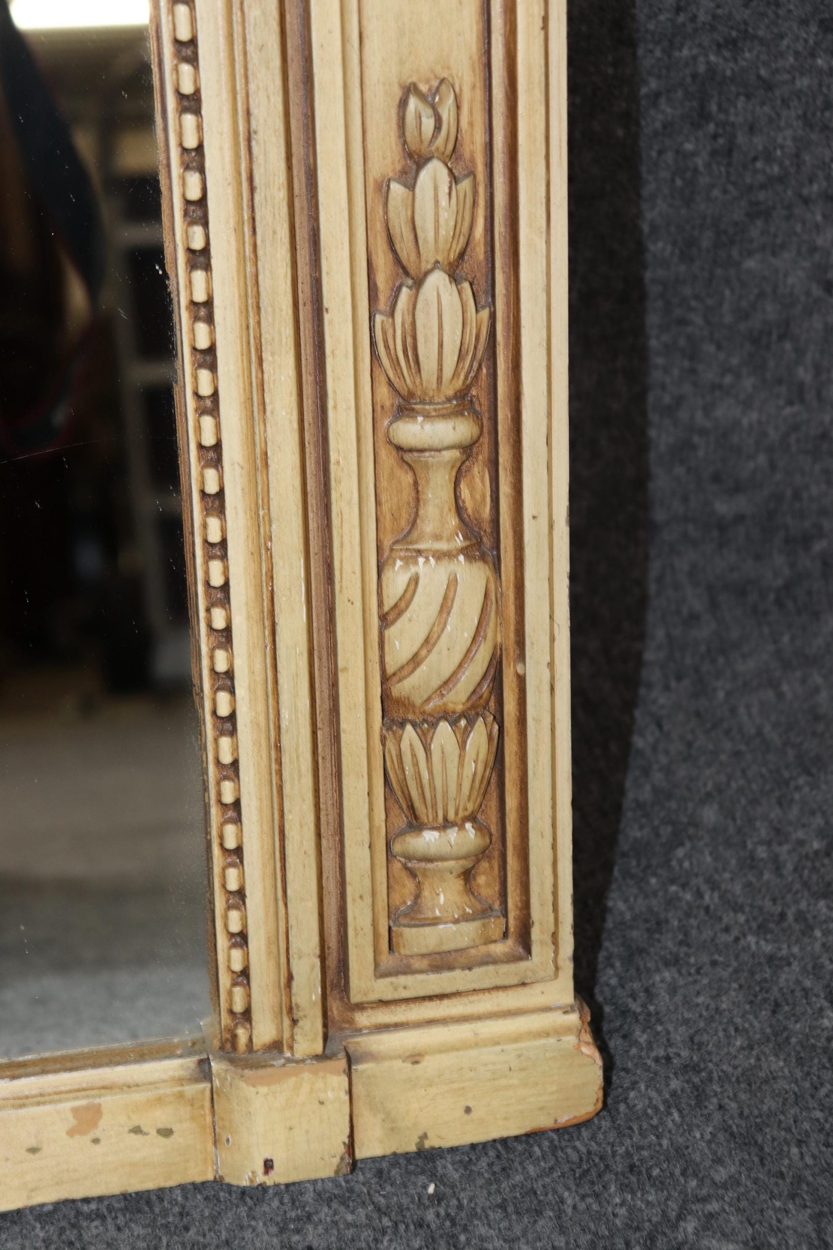 Antique Louis XVI Style Trumeau Mirror: Creme Painted, Inset Oil Painting - Image 6