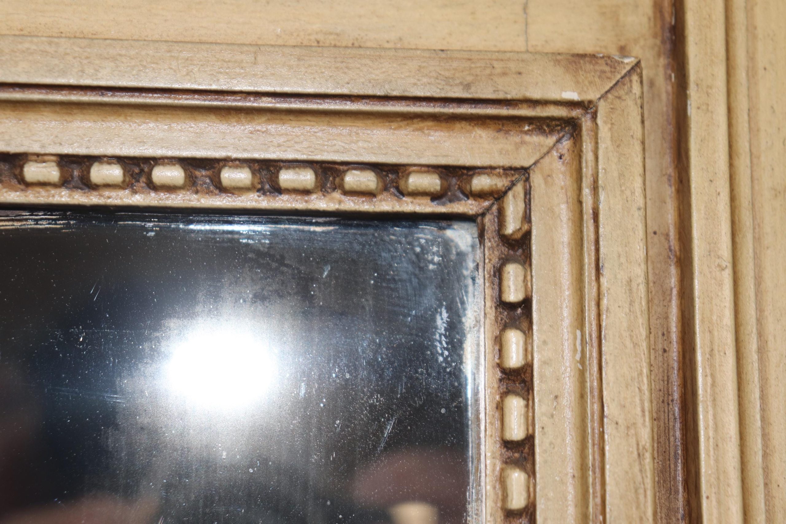 Antique Louis XVI Style Trumeau Mirror: Creme Painted, Inset Oil Painting - Image 7