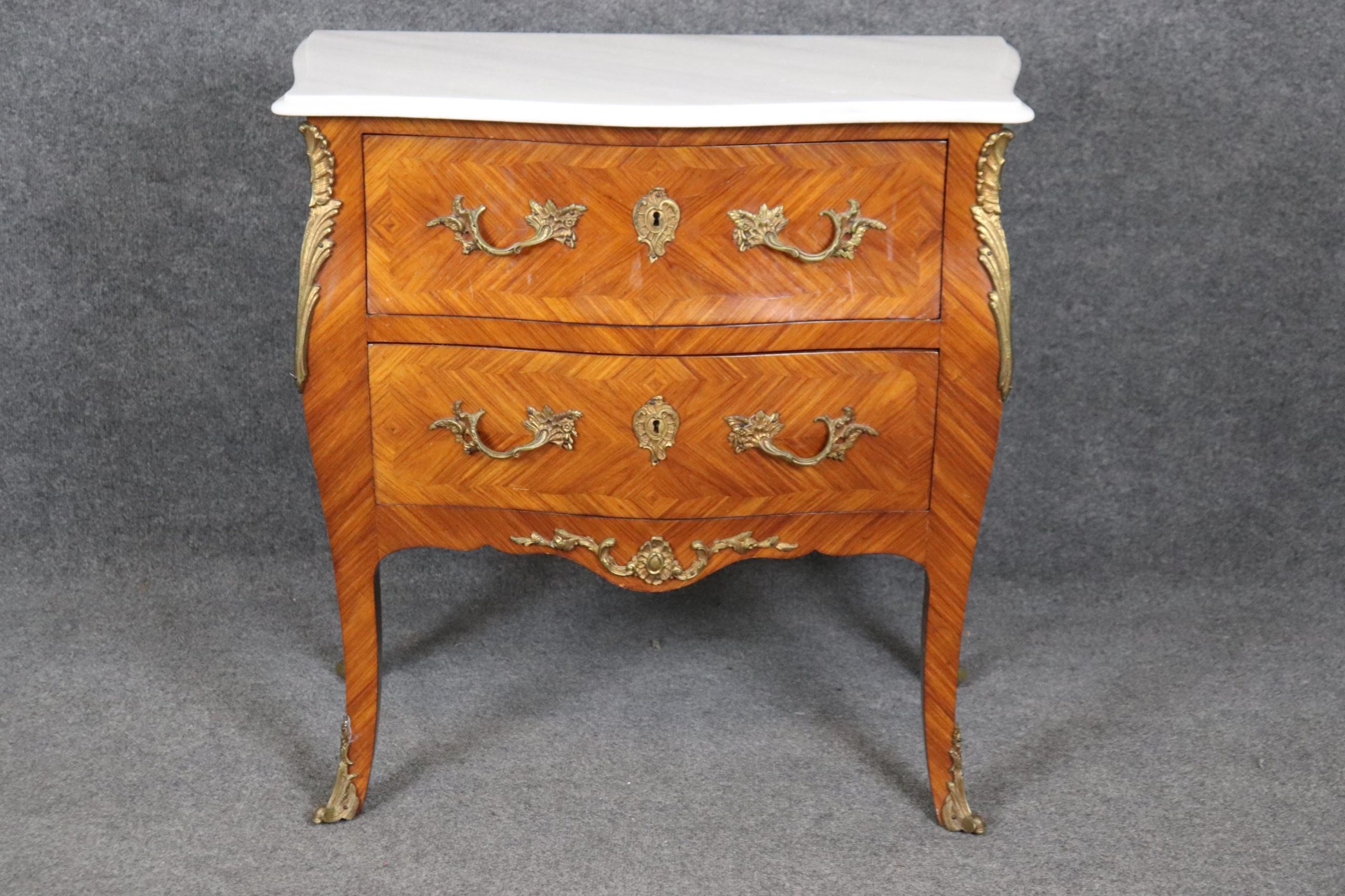 Vintage Louis XV Style Marble Top Commode: Bronze Mounted Nightstand
