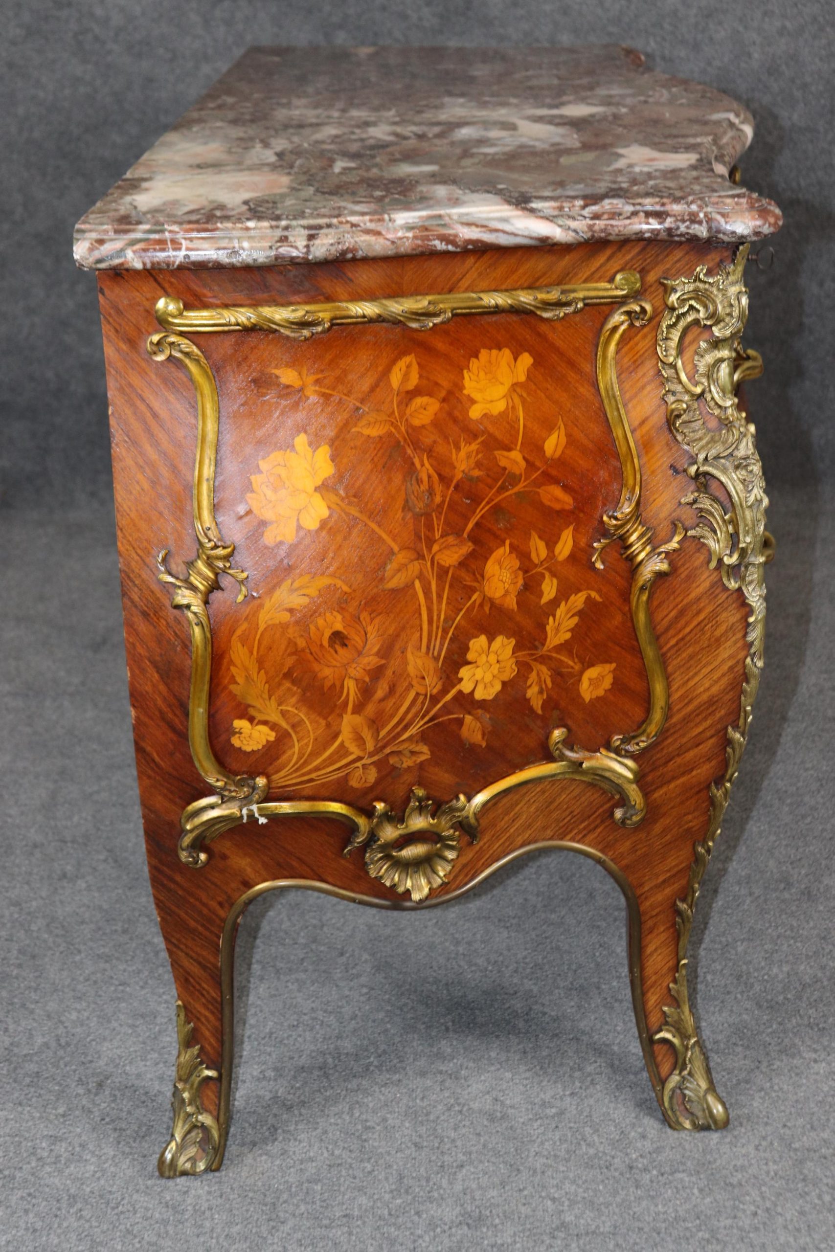 Antique Louis XV Marble Top Commode: 19th Century French Inlaid Chest - Image 4