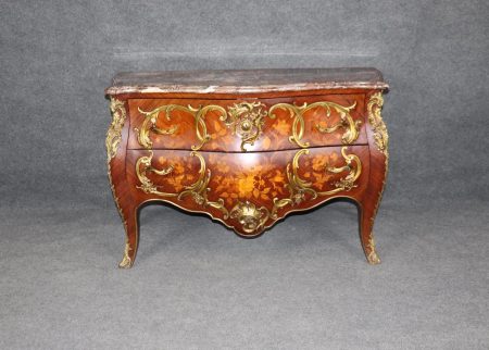 Antique Louis XV Marble Top Commode: 19th Century French Inlaid Chest