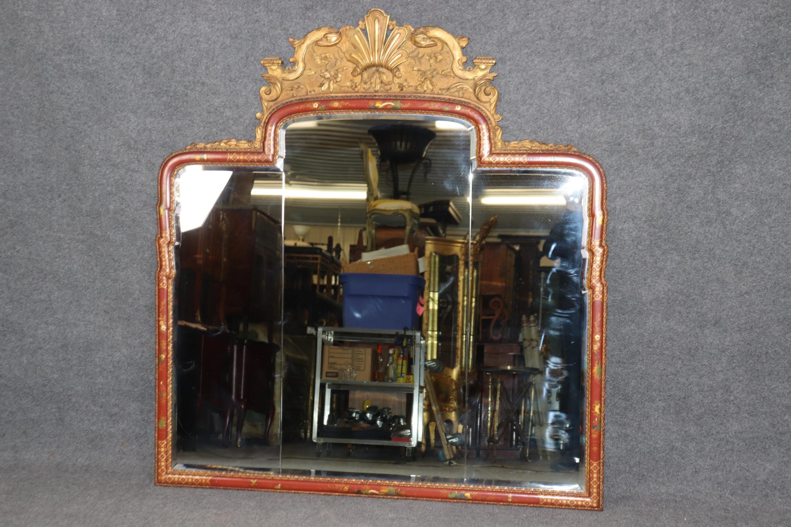 Antique Chinoiserie Red Wall Mirrors: Carved English Pair - Image 3