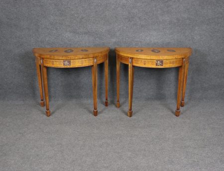 1920s Adams Style Demilune Flip Top Tables: Painted Accent Console Pair