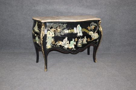 Vintage Louis XV Chinoiserie Commode: Ebonized Marble Top Dresser