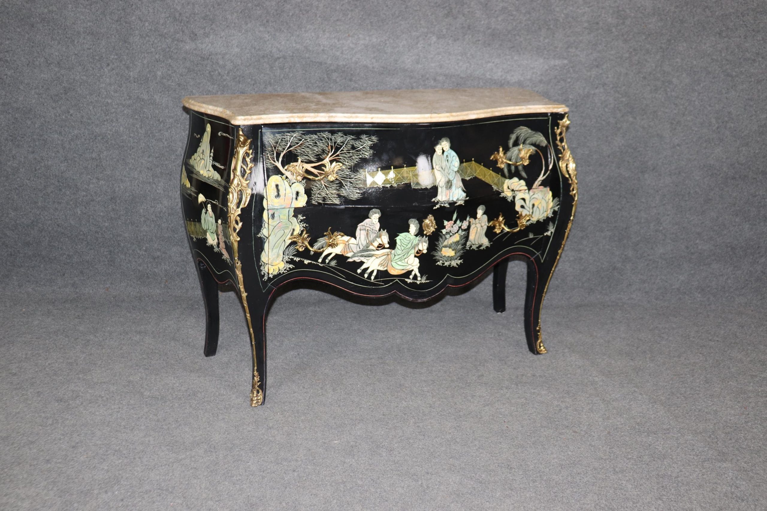 Vintage Louis XV Chinoiserie Commode: Ebonized Marble Top Dresser